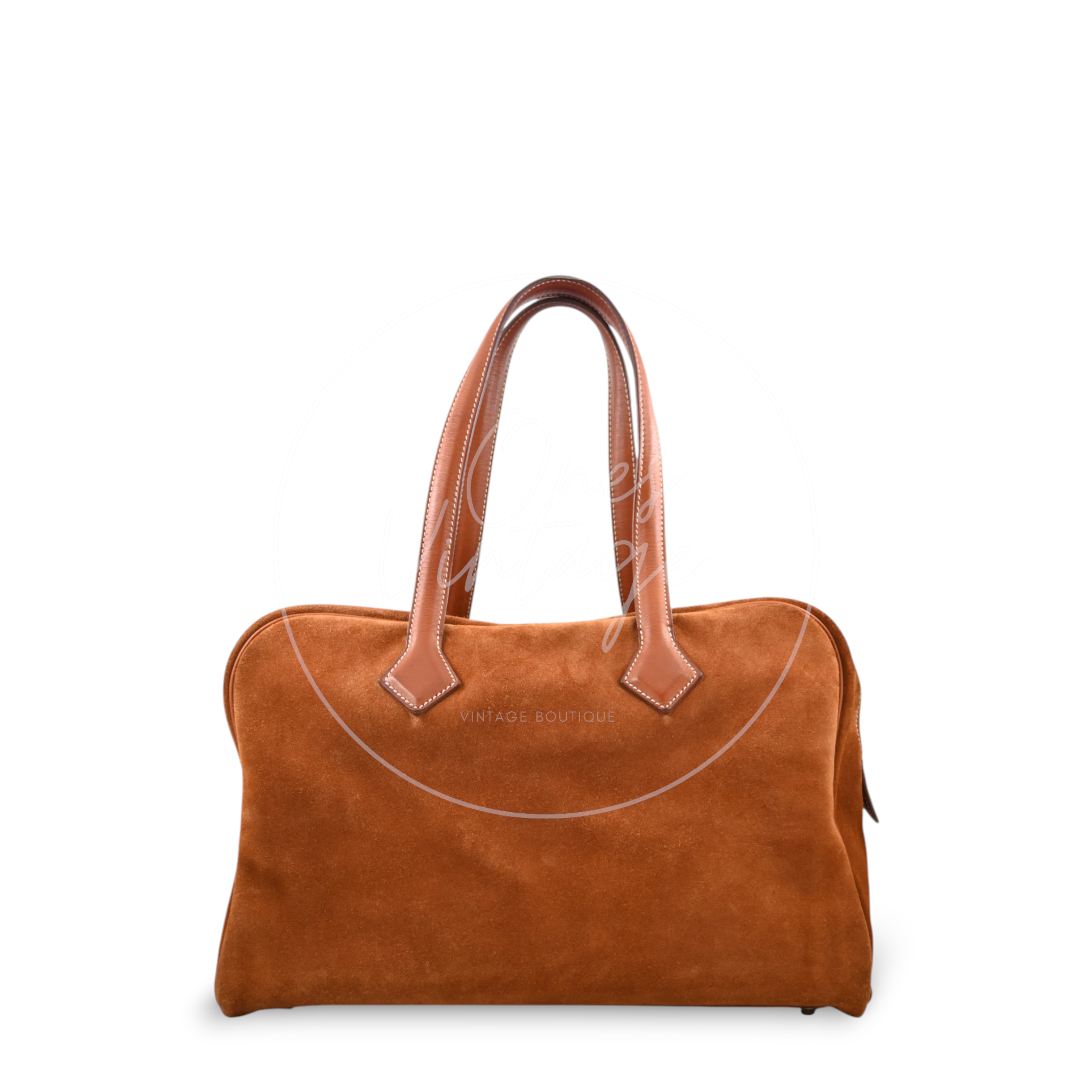 Hermès Victoria II 35 in brown Grizzly leather with palladium hardware, Square N stamp, rear view with leather handle mounts