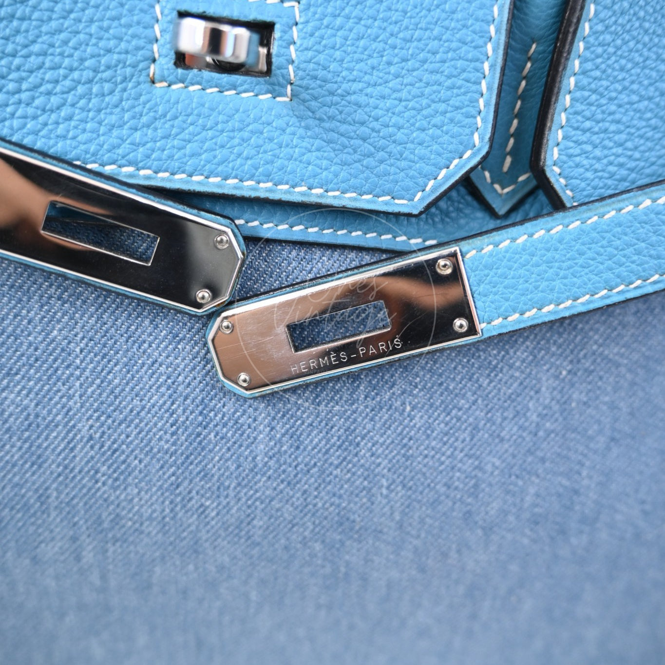 Hermes Birkin 30 Denim Tolie PHW Blue Square F