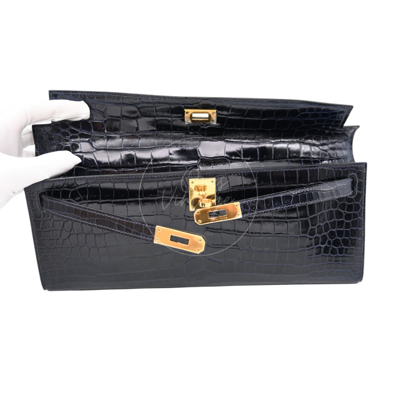 [Pre-owned] Hermes Kelly Cut Navy Porosus Croco