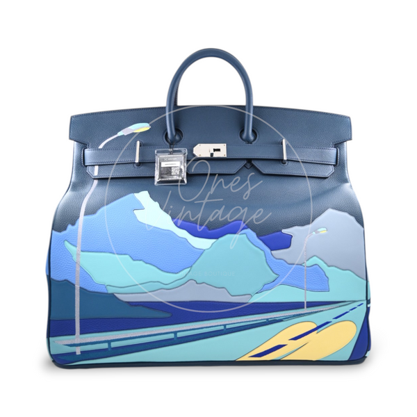 Hermès Endless Road HAC Birkin 50 in multicolor Togo and Swift leather with palladium hardware, Y stamp, front view showing the Endless Road landscape artwork