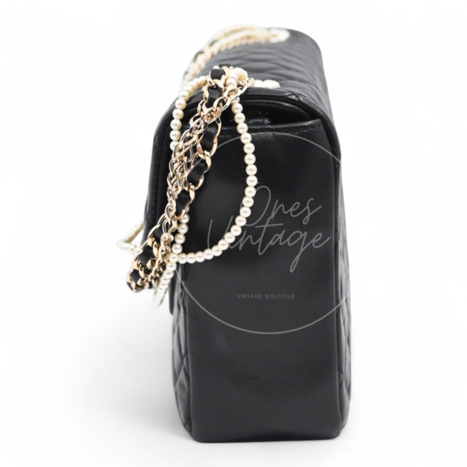 [Pre-owned] Chanel Westminster Pearl Black Lambskin Medium Classic Flap Bag With Pearl Chain