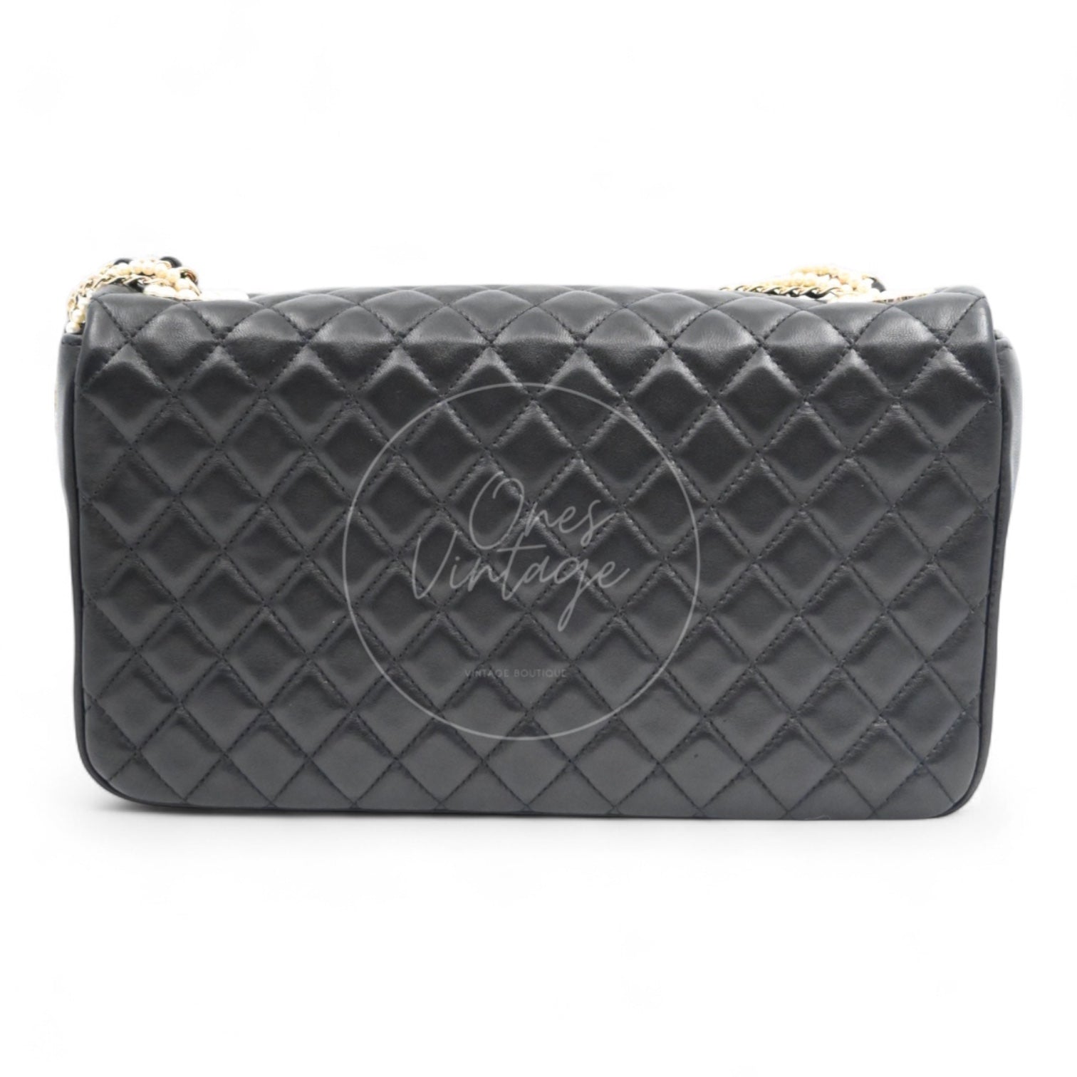 [Pre-owned] Chanel Westminster Pearl Black Lambskin Medium Classic Flap Bag With Pearl Chain
