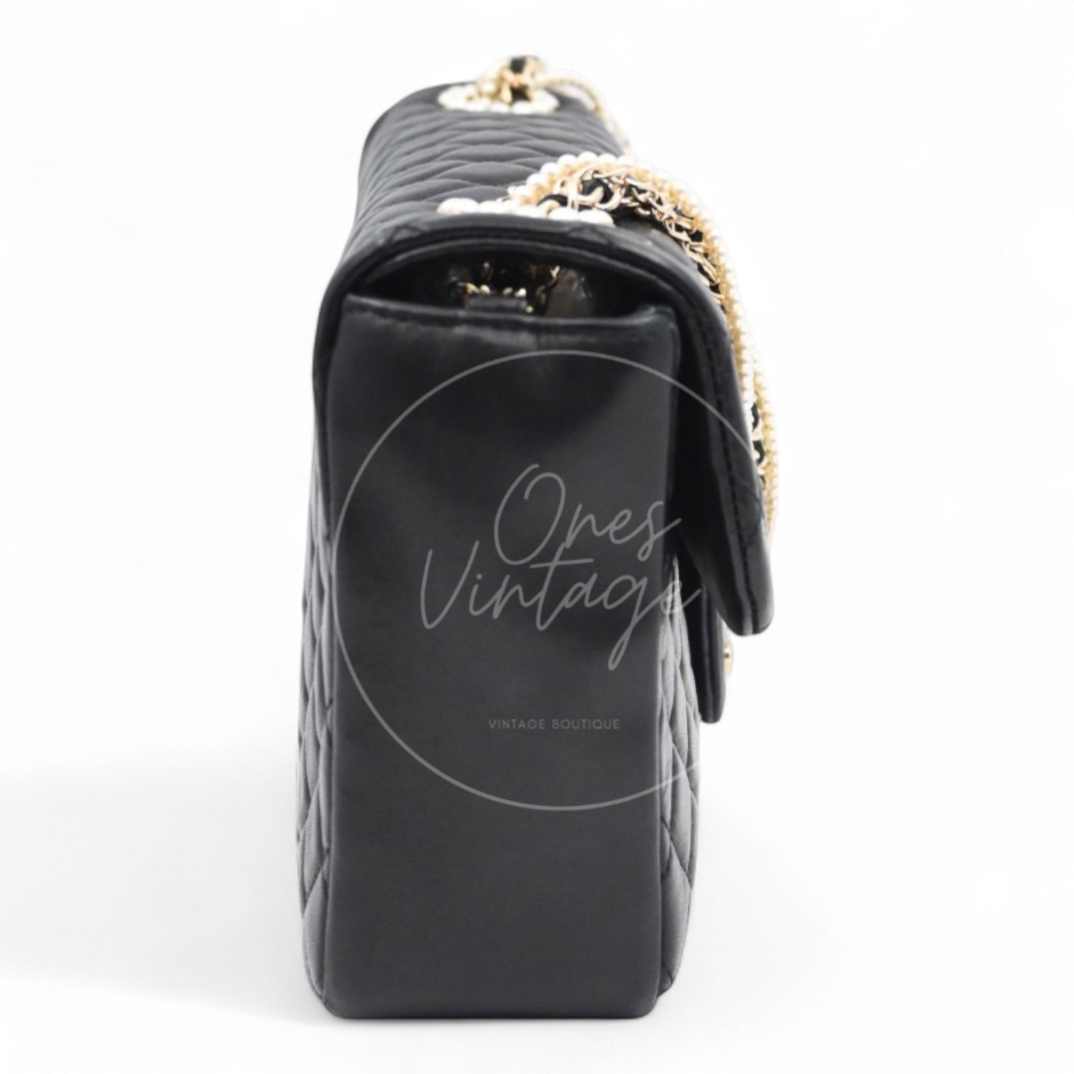 [Pre-owned] Chanel Westminster Pearl Black Lambskin Medium Classic Flap Bag With Pearl Chain