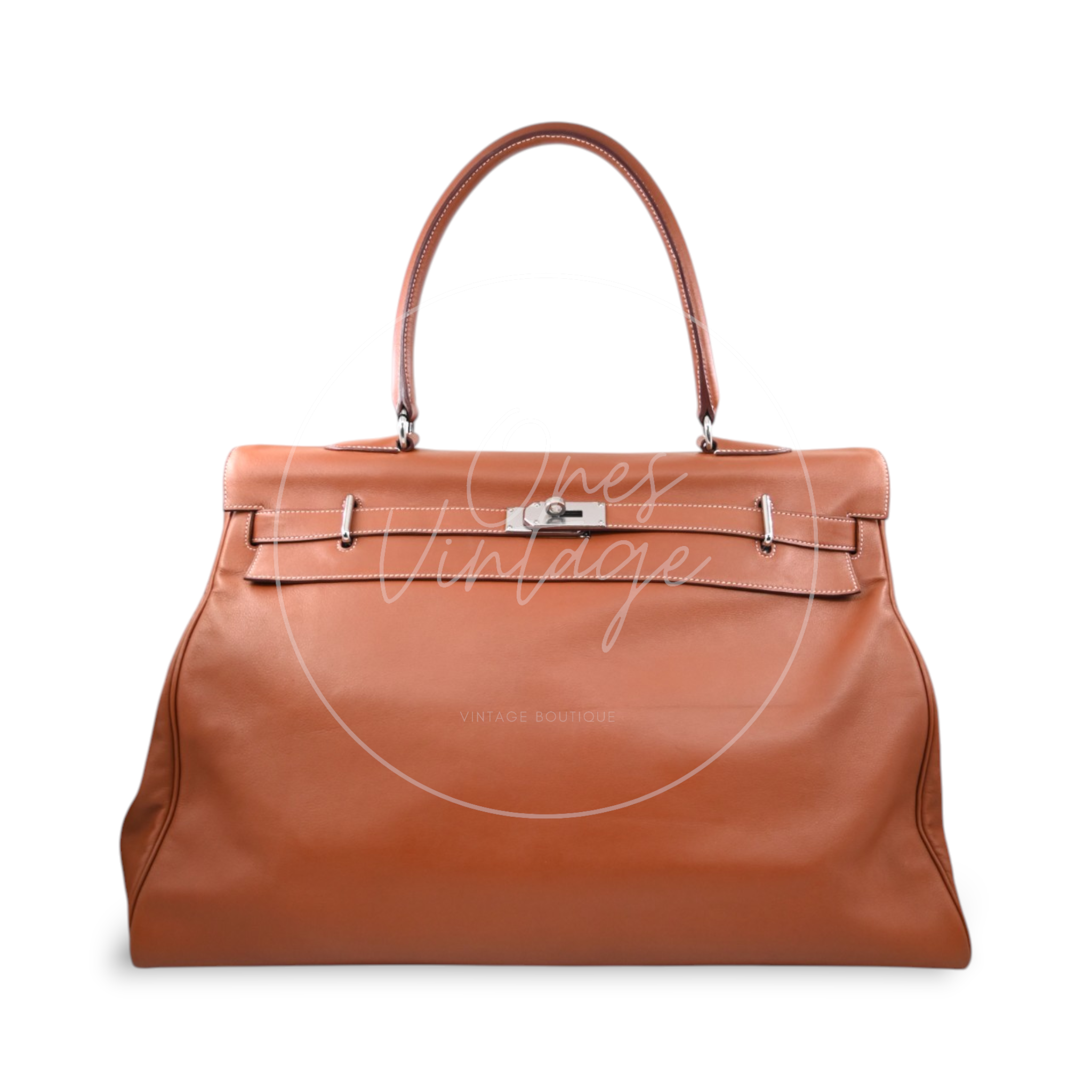 Hermès Kelly 50 Relax in Fauve Sikkim leather with palladium-plated hardware, Square N stamp, front view with top handle upright