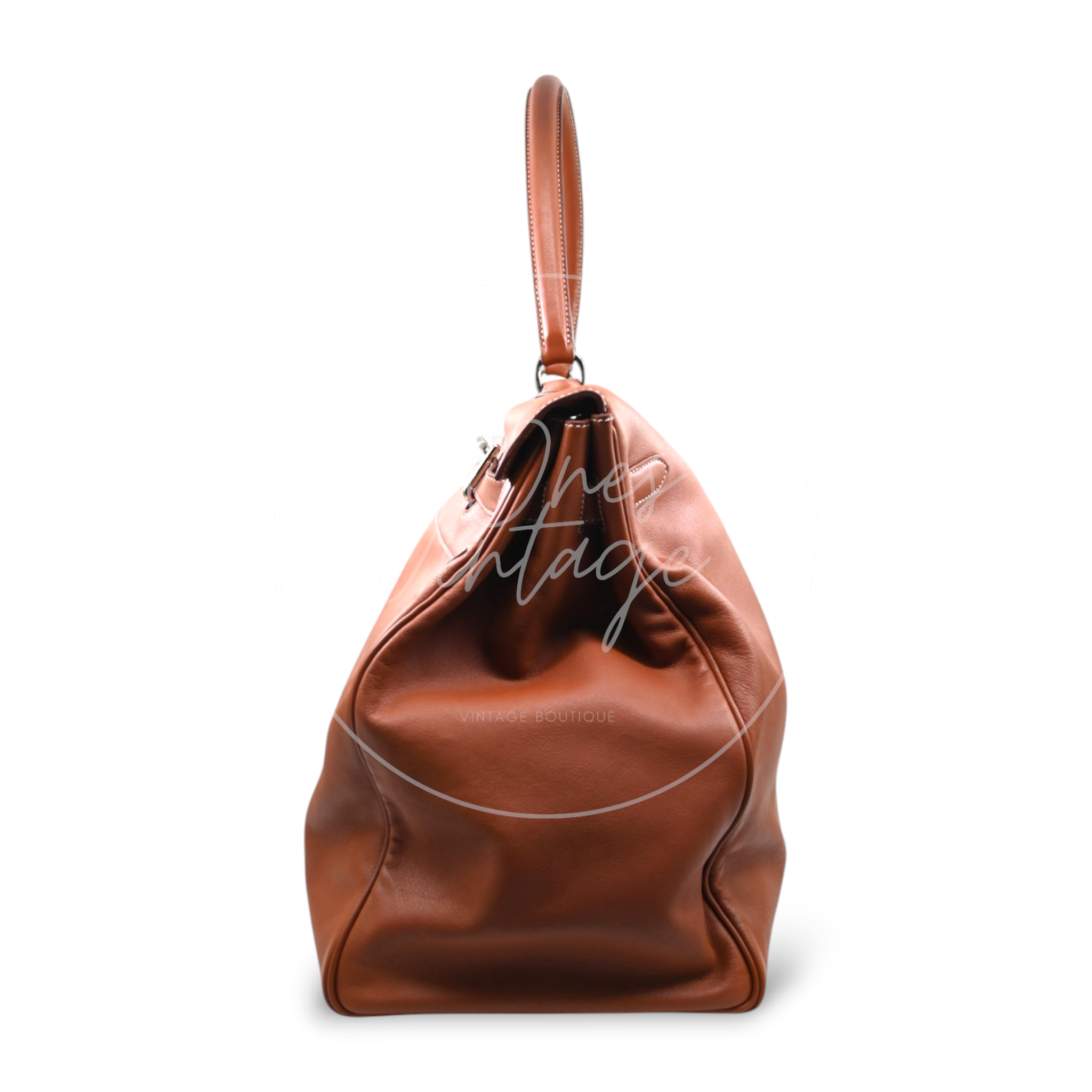 Hermès Kelly 50 Relax in Fauve Sikkim leather with palladium-plated hardware, Square N stamp, left side profile