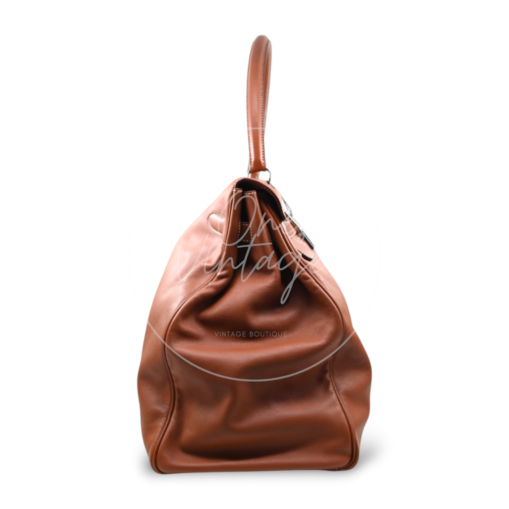 Hermès Kelly 50 Relax in Fauve Sikkim leather with palladium-plated hardware, Square N stamp, right side profile