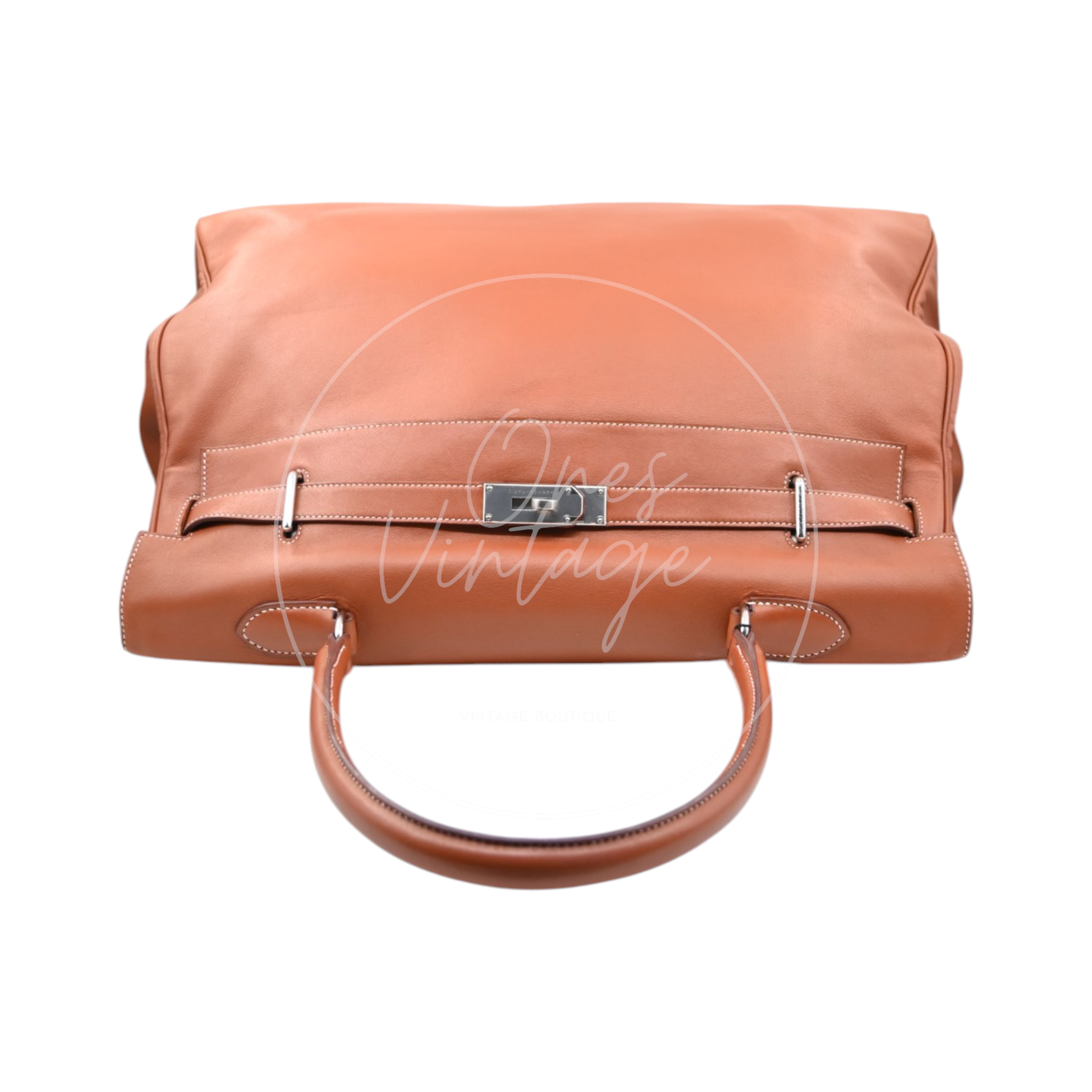 Hermès Kelly 50 Relax in Fauve Sikkim leather with palladium-plated hardware, Square N stamp, top view with flap closed and handle folded