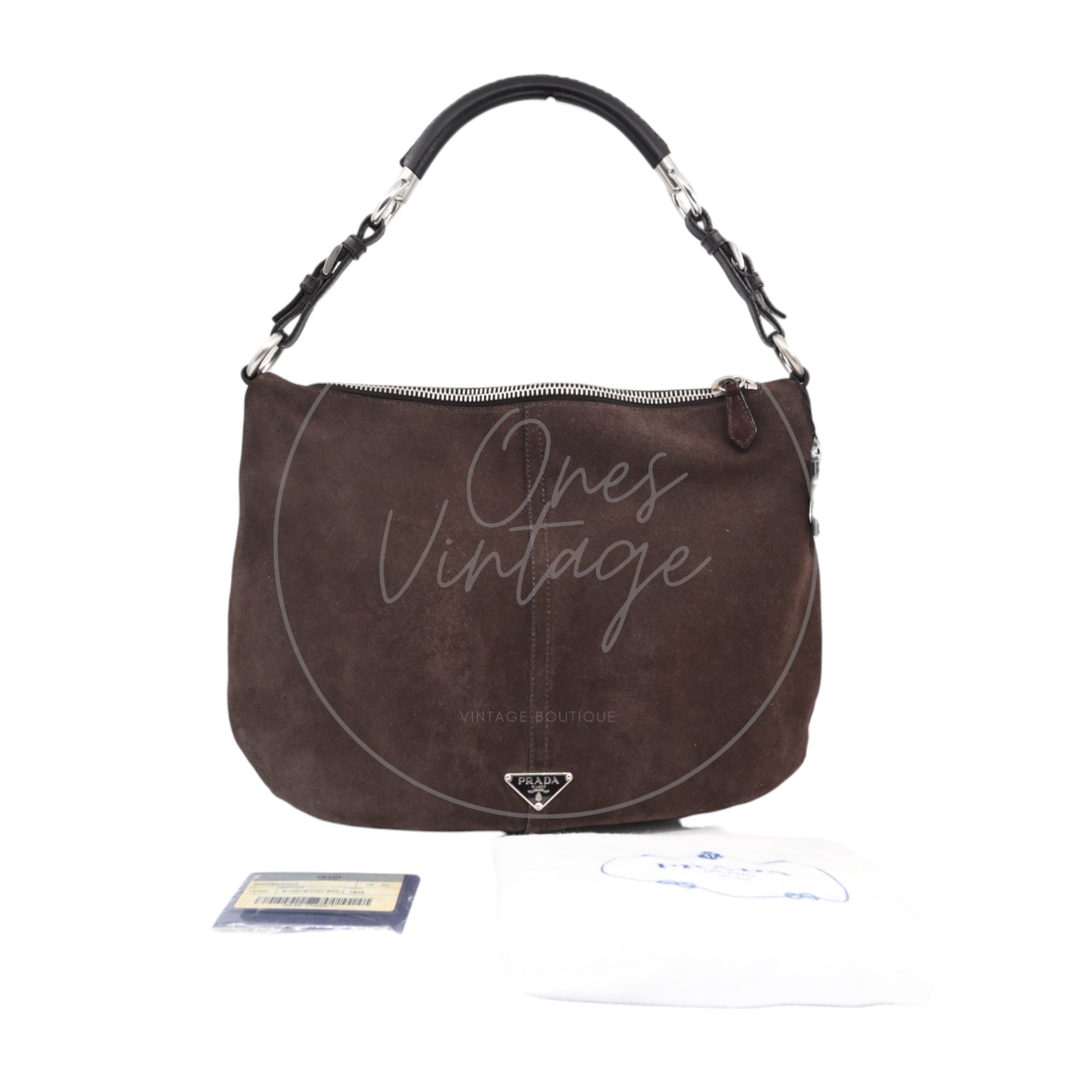 [Pre-owned] Prada Cleo Brown Suede Hobo Shoulder Bag
