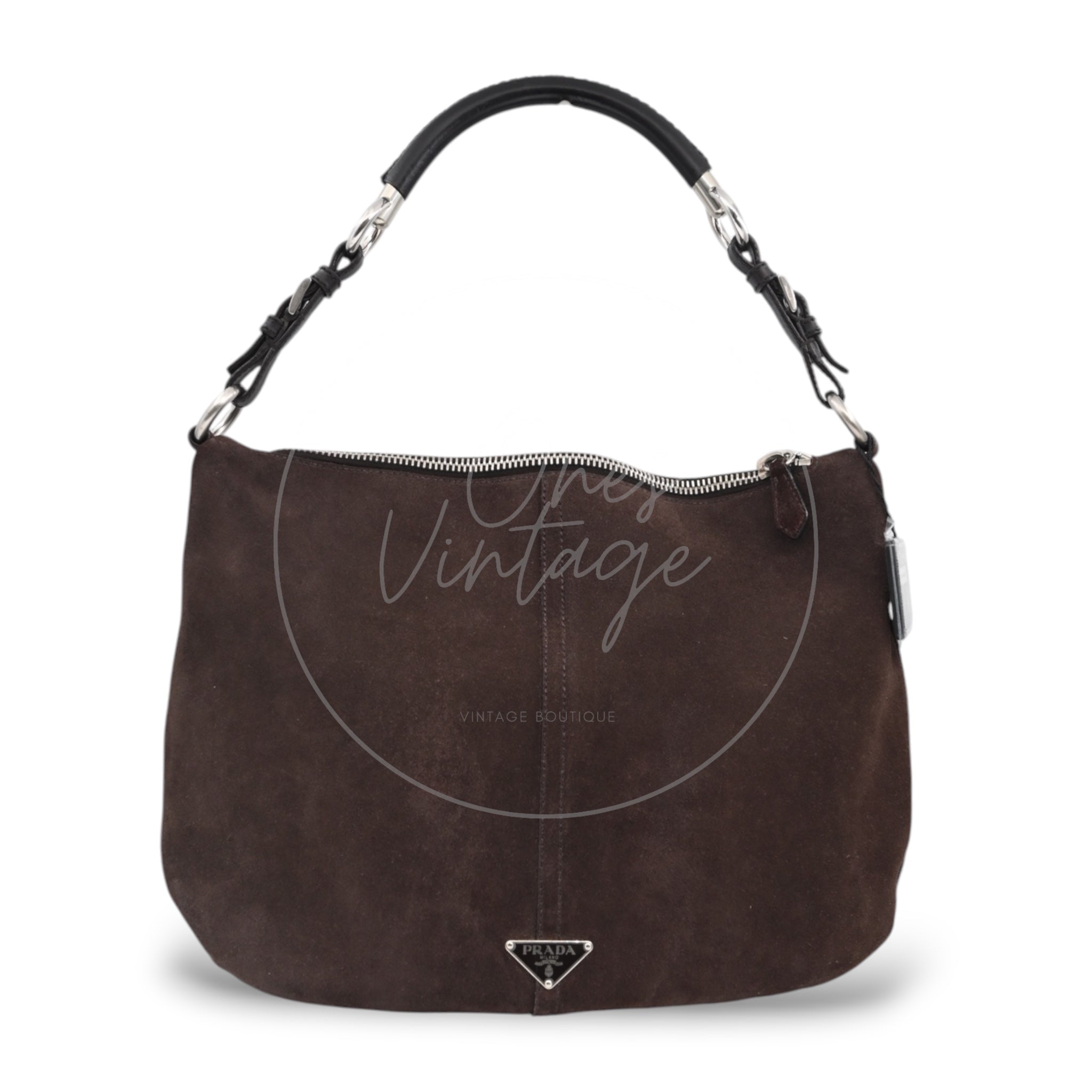 [Pre-owned] Prada Cleo Brown Suede Hobo Shoulder Bag