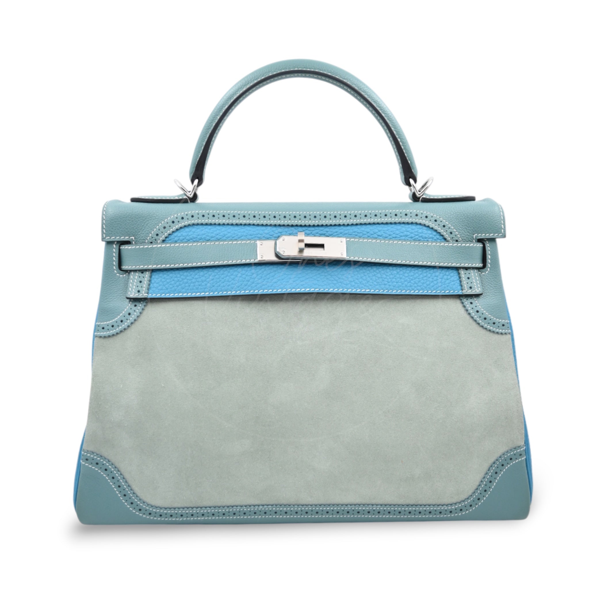 [Pre-owned] Hermes Kelly Ghillies 32 Turquoise Doblis Suede Clemence Evercolor Tricolour PHW Bag
