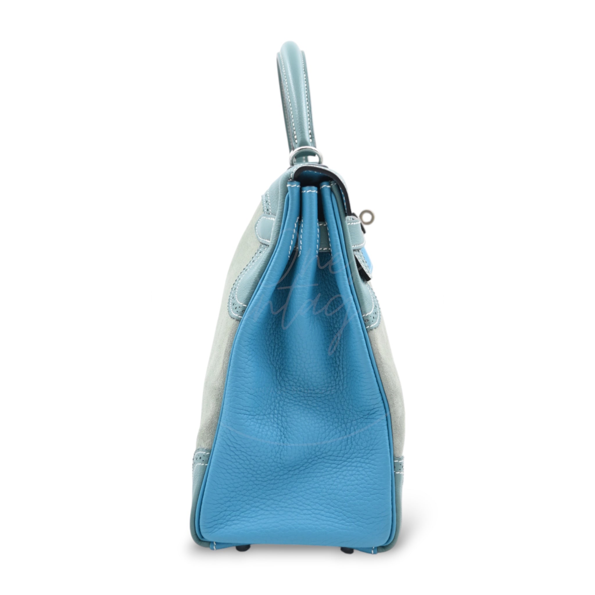 [Pre-owned] Hermes Kelly Ghillies 32 Turquoise Doblis Suede Clemence Evercolor Tricolour PHW Bag