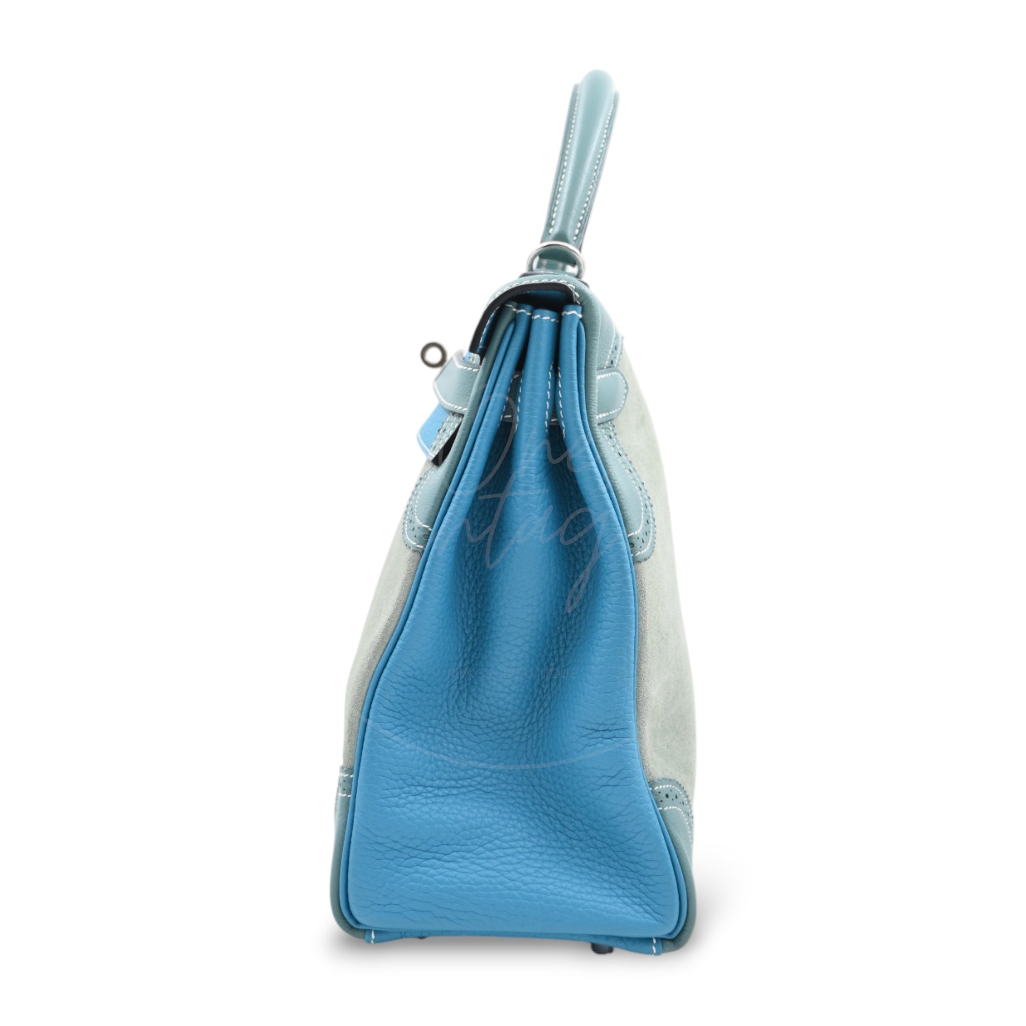 [Pre-owned] Hermes Kelly Ghillies 32 Turquoise Doblis Suede Clemence Evercolor Tricolour PHW Bag