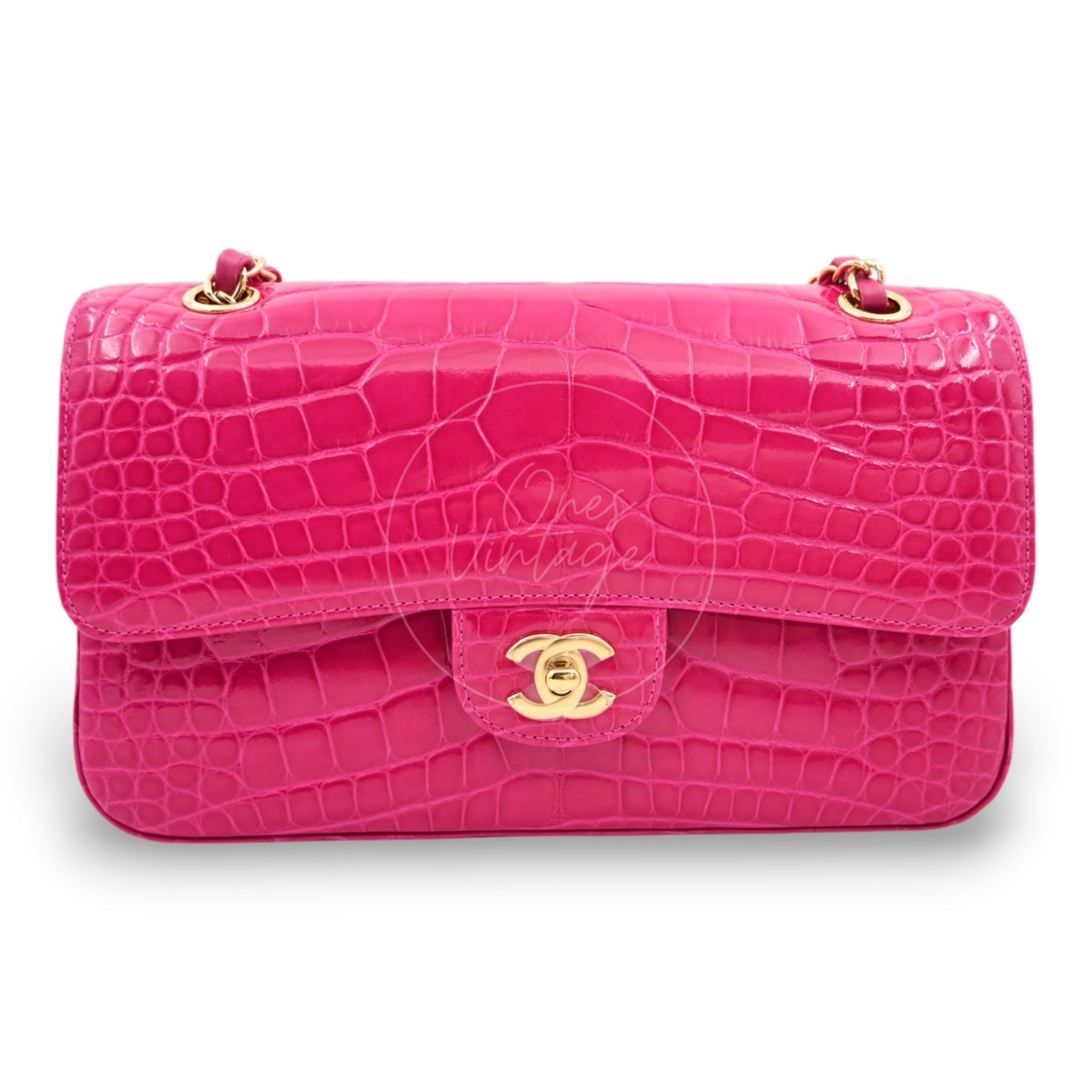 [Pre-owned] Chanel Shiny Pink Alligator GHW Medium Classic Flap Bag