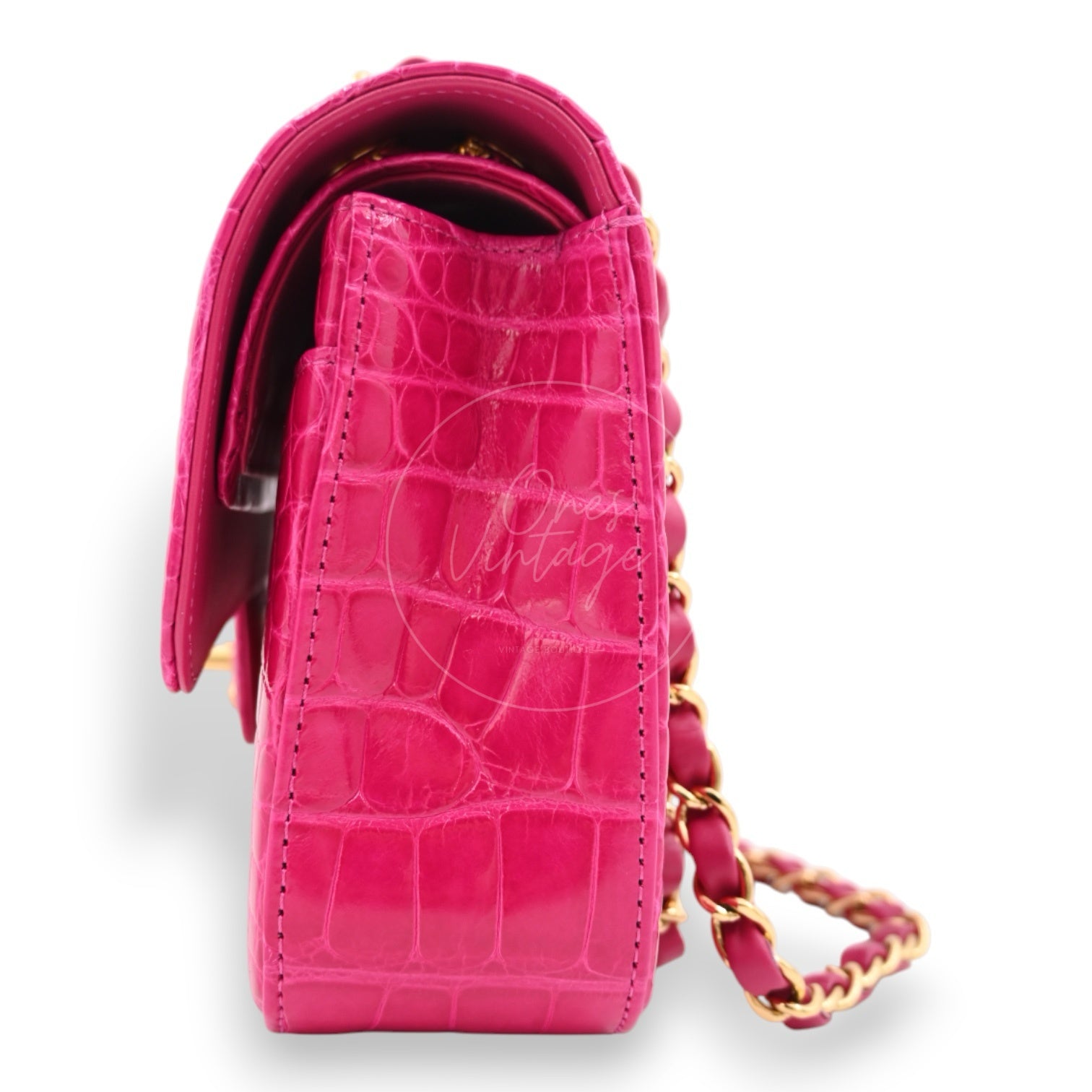 [Pre-owned] Chanel Shiny Pink Alligator GHW Medium Classic Flap Bag