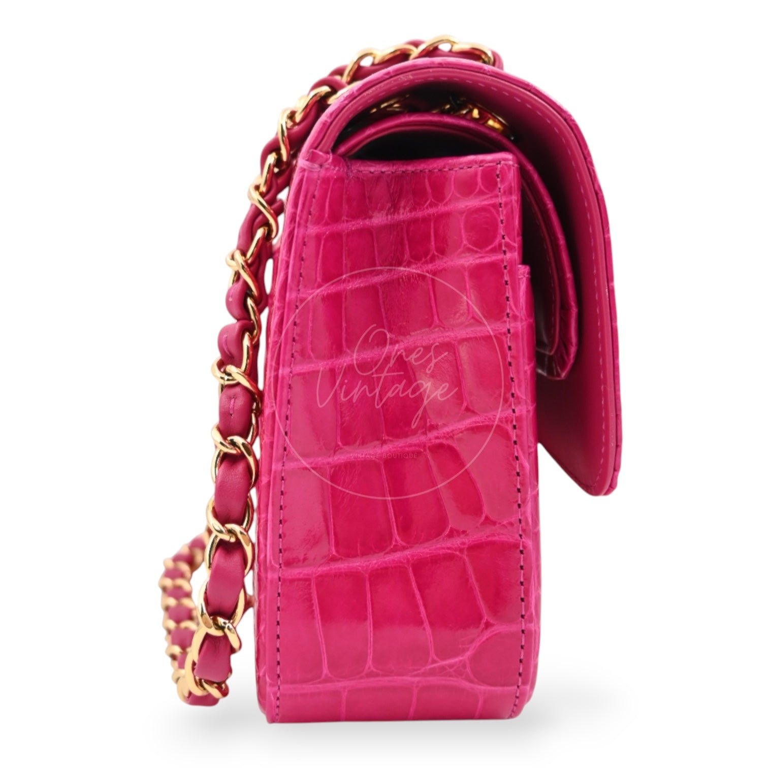 [Pre-owned] Chanel Shiny Pink Alligator GHW Medium Classic Flap Bag