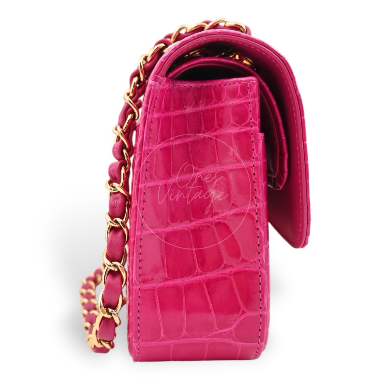 [Pre-owned] Chanel Shiny Pink Alligator GHW Medium Classic Flap Bag