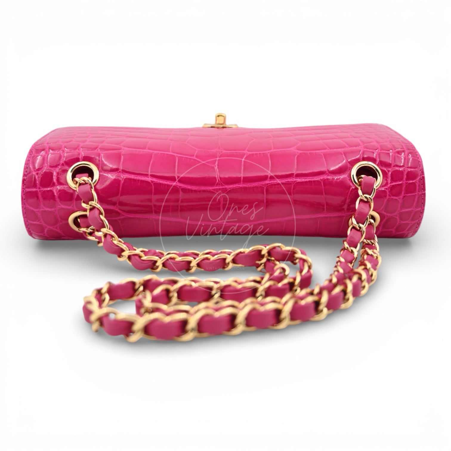 [Pre-owned] Chanel Shiny Pink Alligator GHW Medium Classic Flap Bag