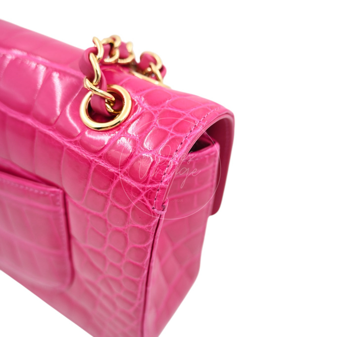 [Pre-owned] Chanel Shiny Pink Alligator GHW Medium Classic Flap Bag