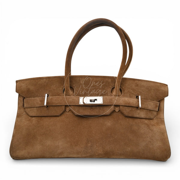 Hermes Birkin Shoulder Doblis Suede Brown Bag PHW Brown Square R