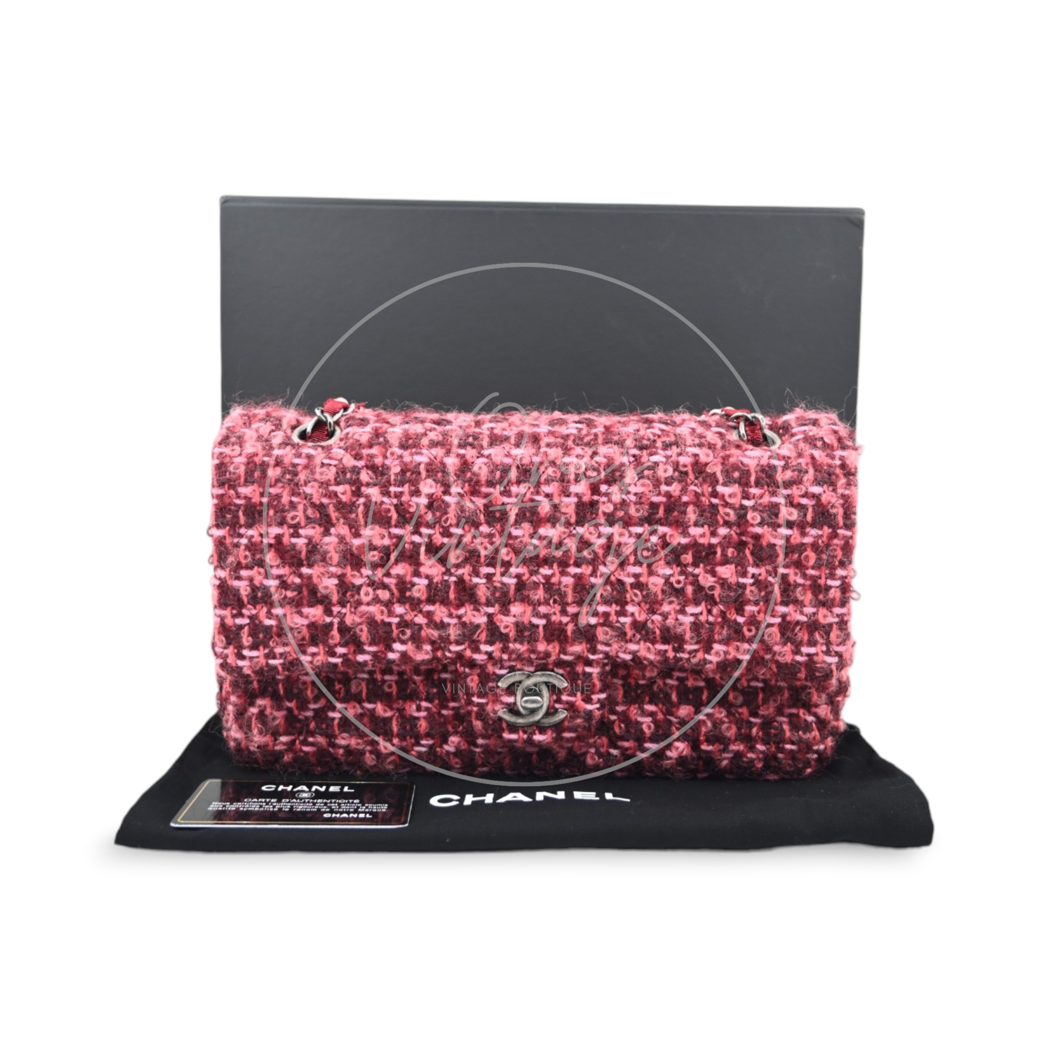 Chanel Burgundy and Pink Classic Double Flap 26 in Tweed Quilted Canvas Series 20