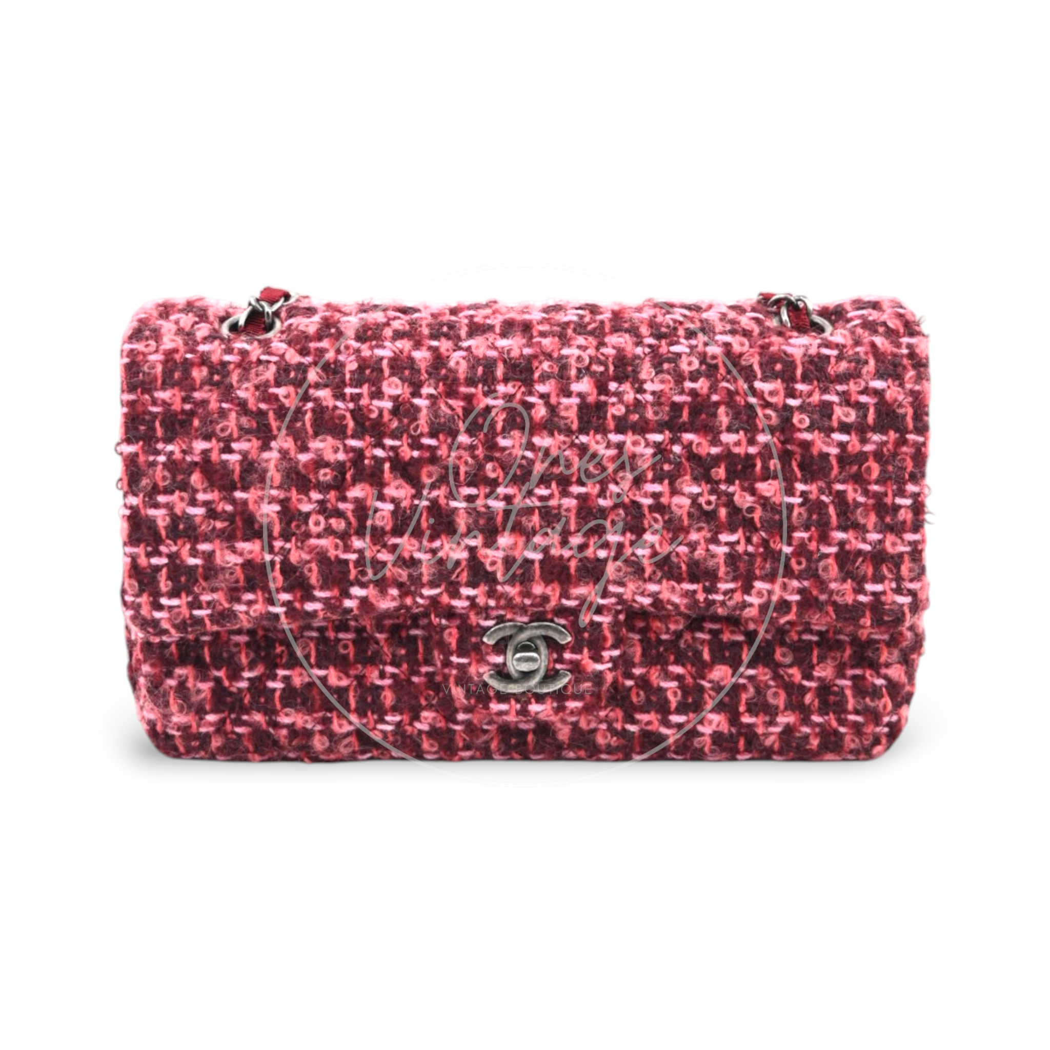Chanel Burgundy and Pink Classic Double Flap 26 in Tweed Quilted Canvas Series 20