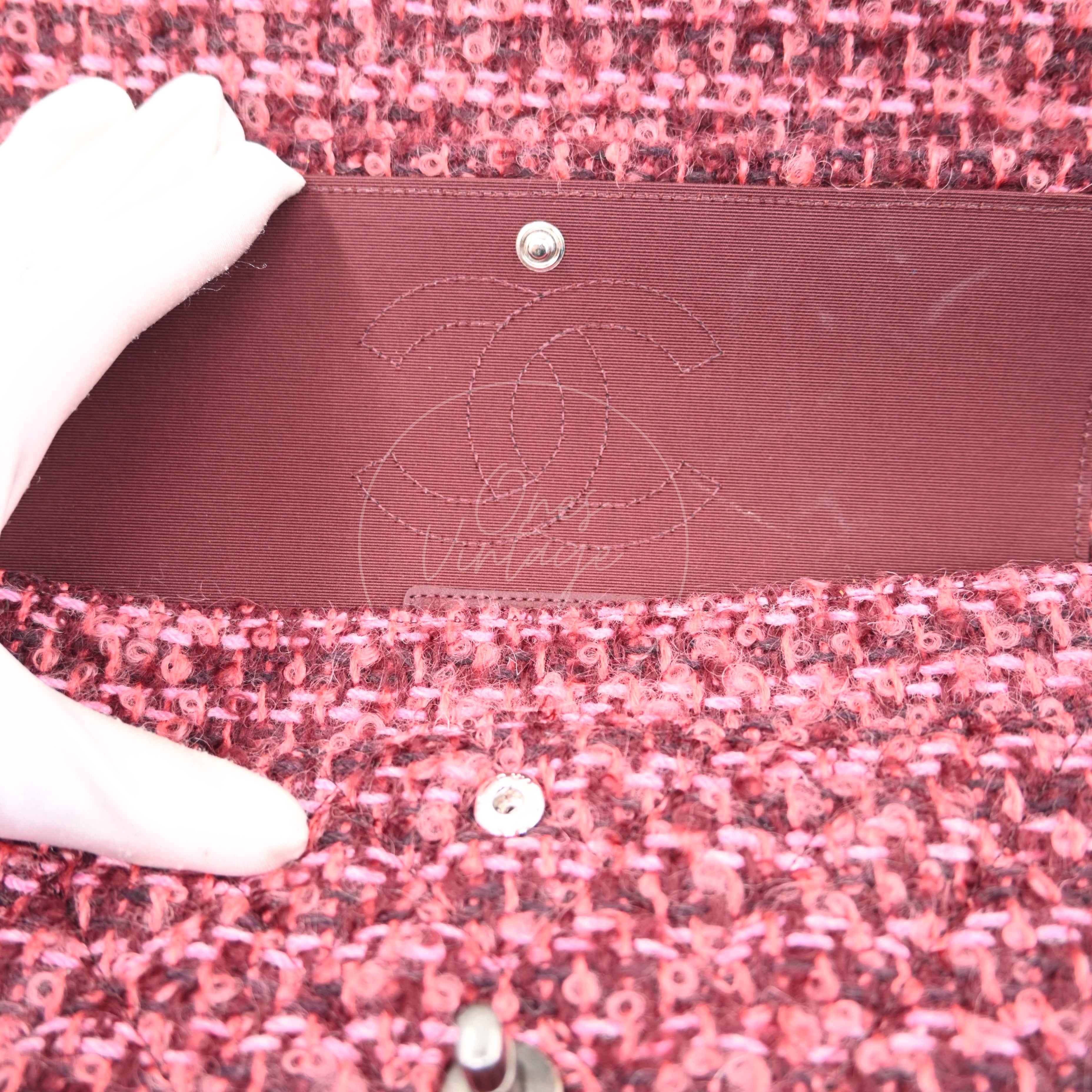 Chanel Burgundy and Pink Classic Double Flap 26 in Tweed Quilted Canvas Series 20