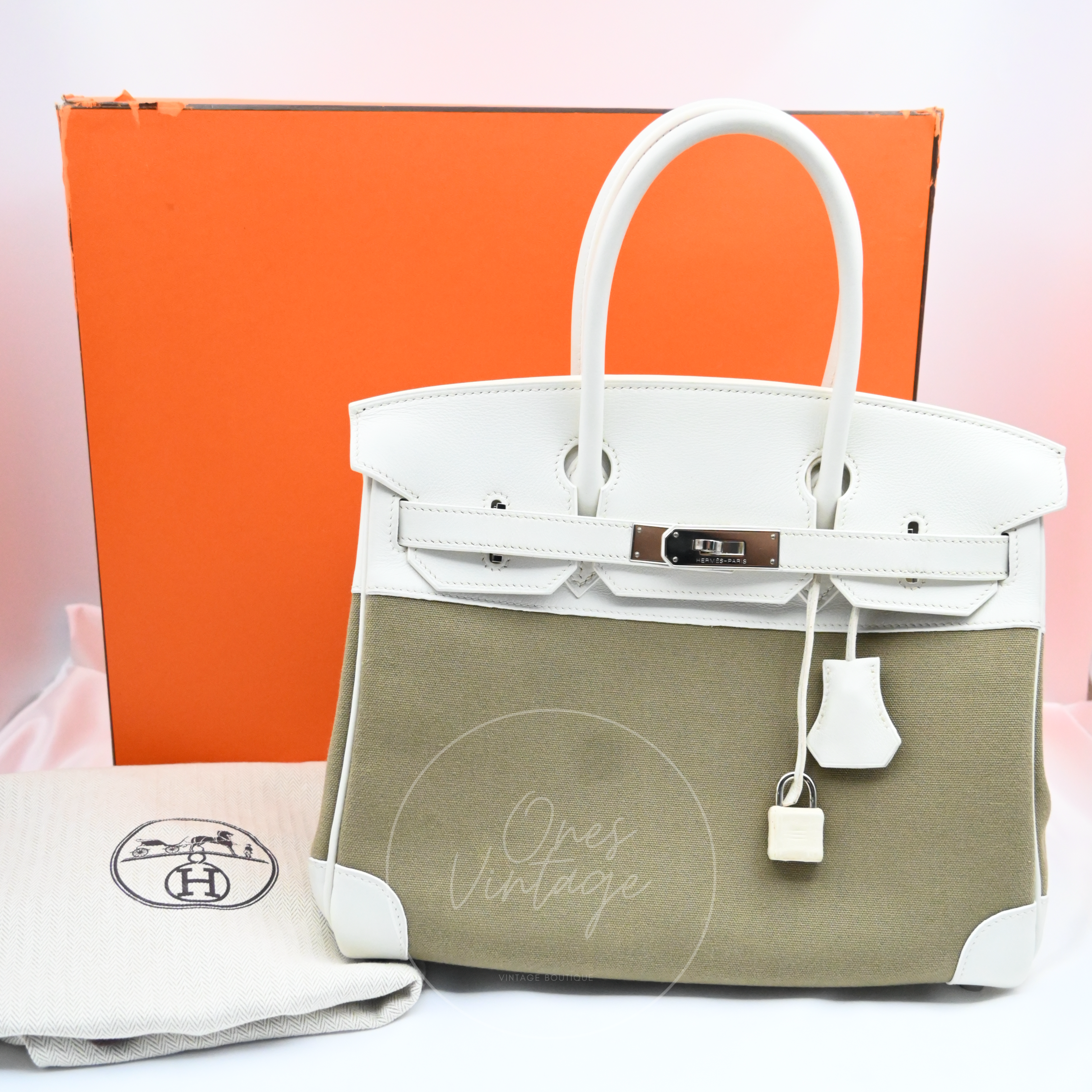 [Pre-owned] Hermes Birkin 30 White Swift & Vert Olive Toile PHW Stamp Square K