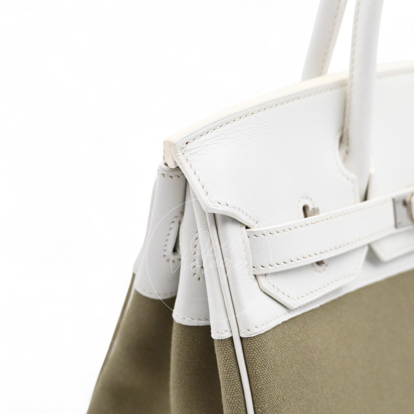 [Pre-owned] Hermes Birkin 30 White Swift & Vert Olive Toile PHW Stamp Square K