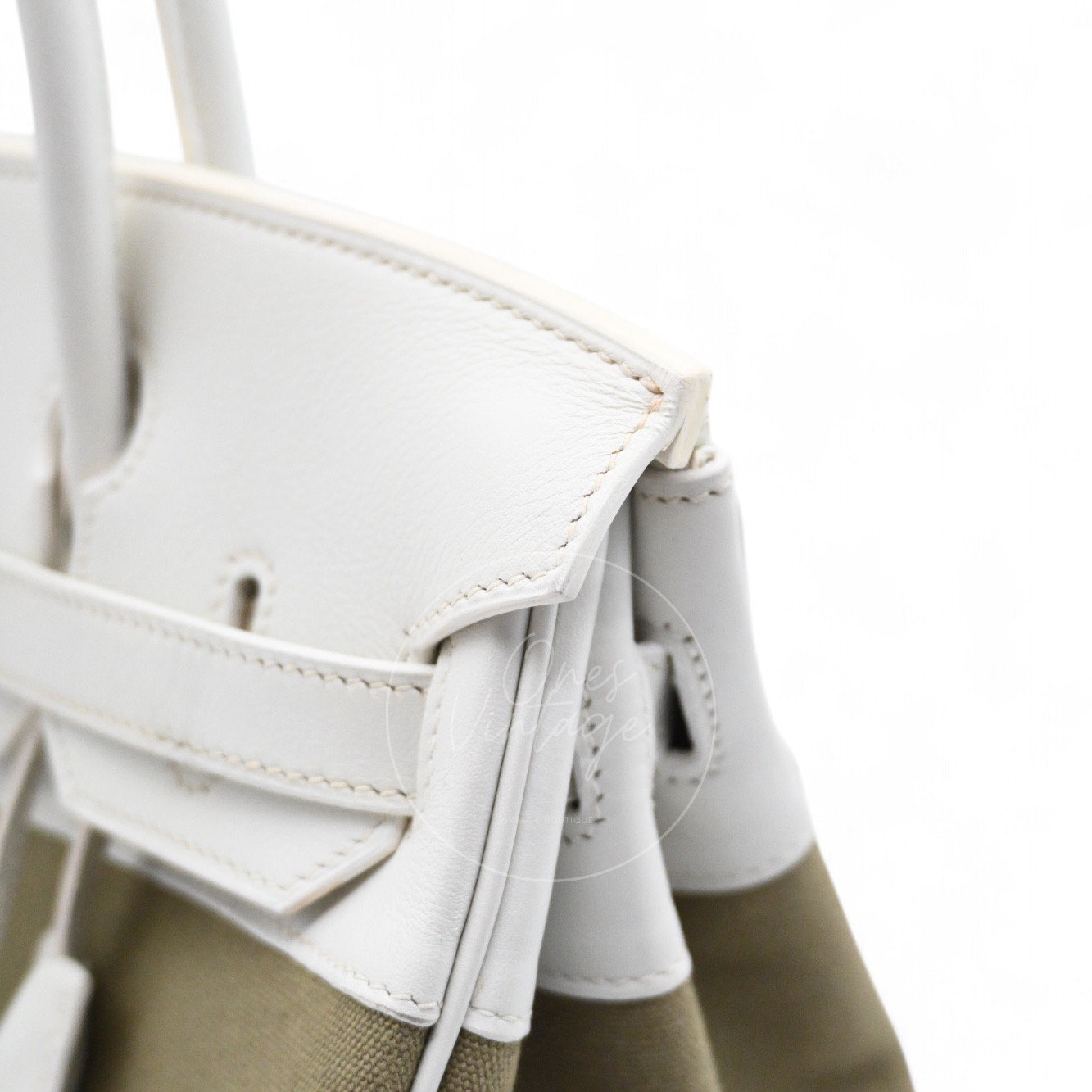 [Pre-owned] Hermes Birkin 30 White Swift & Vert Olive Toile PHW Stamp Square K