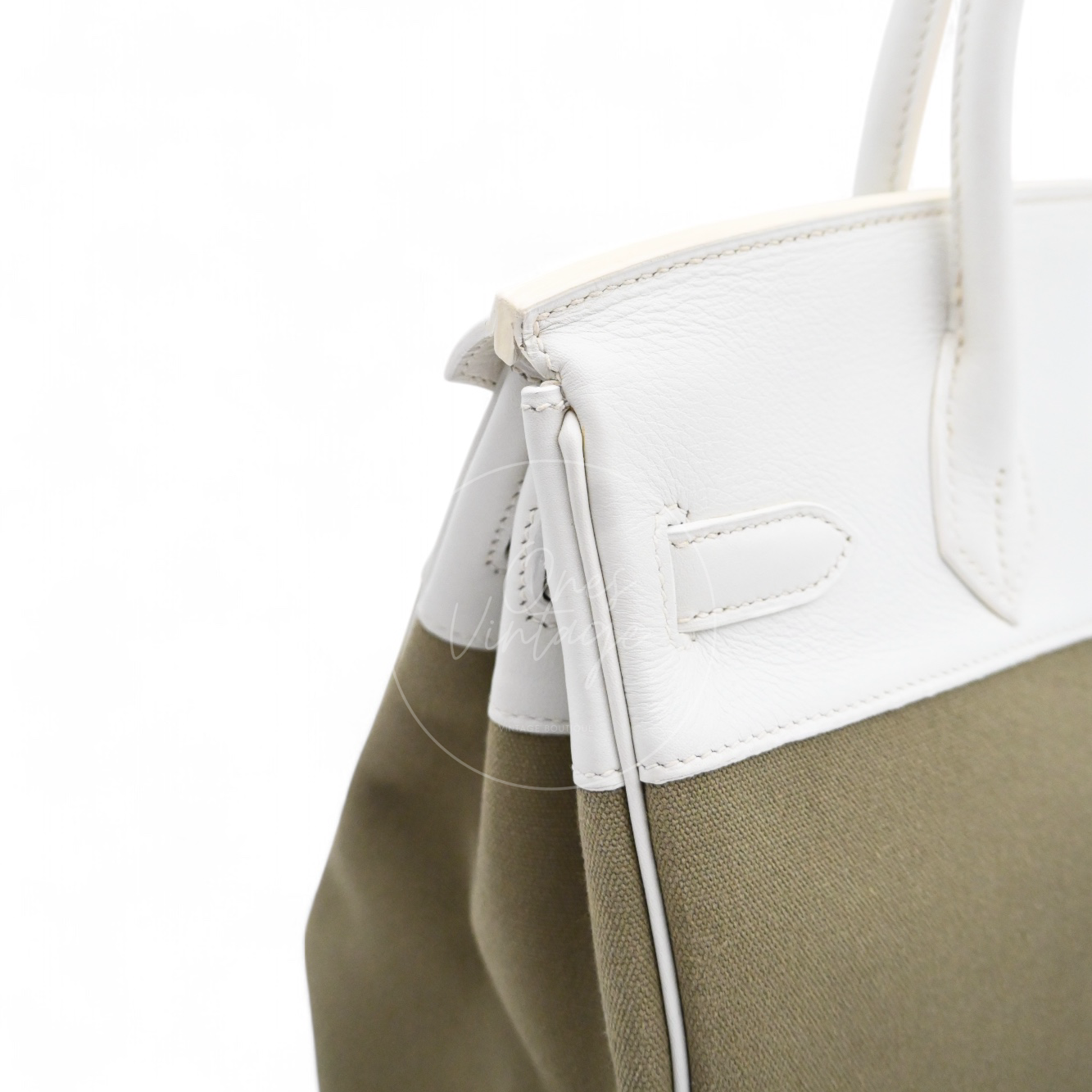 [Pre-owned] Hermes Birkin 30 White Swift & Vert Olive Toile PHW Stamp Square K
