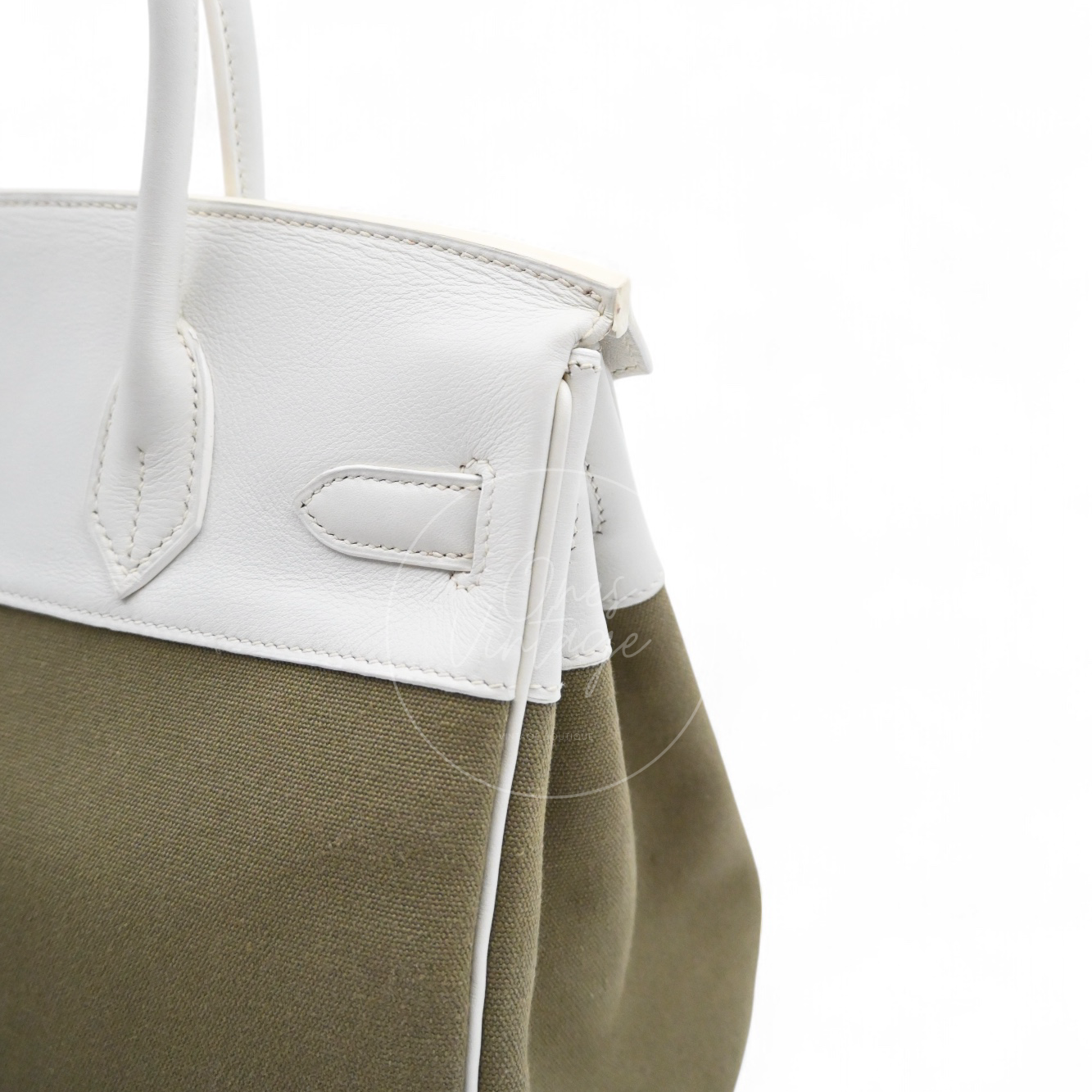 [Pre-owned] Hermes Birkin 30 White Swift & Vert Olive Toile PHW Stamp Square K