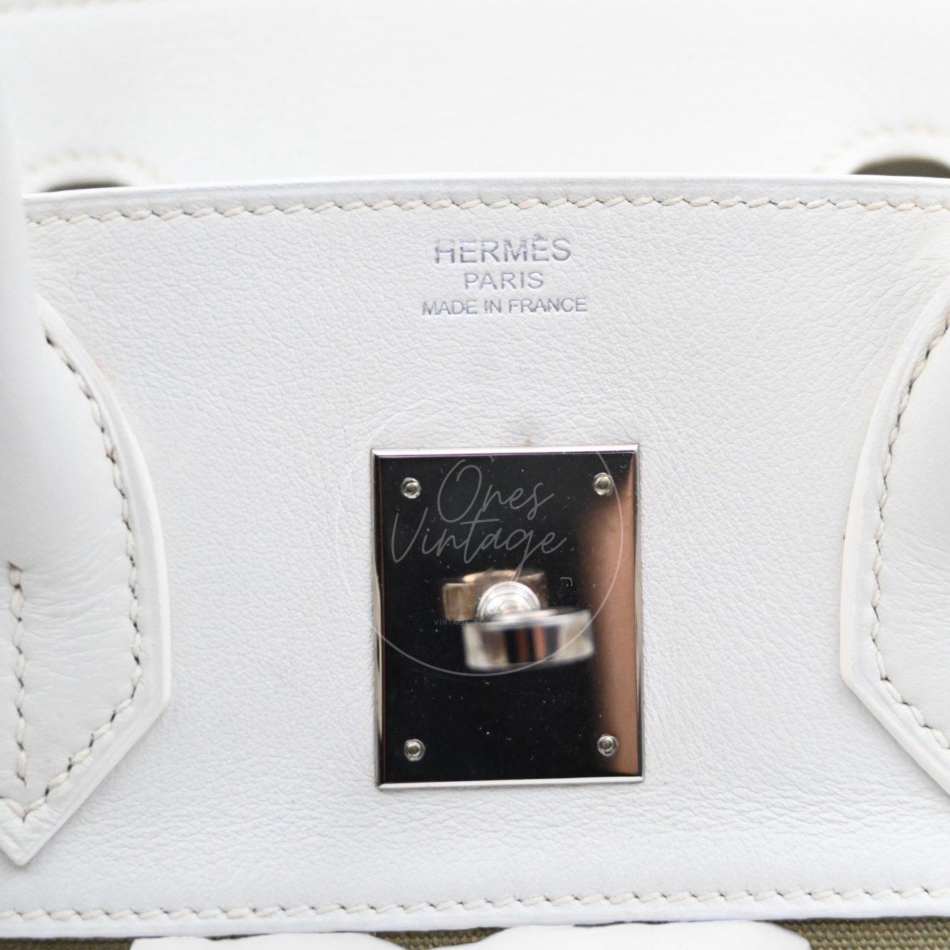 [Pre-owned] Hermes Birkin 30 White Swift & Vert Olive Toile PHW Stamp Square K