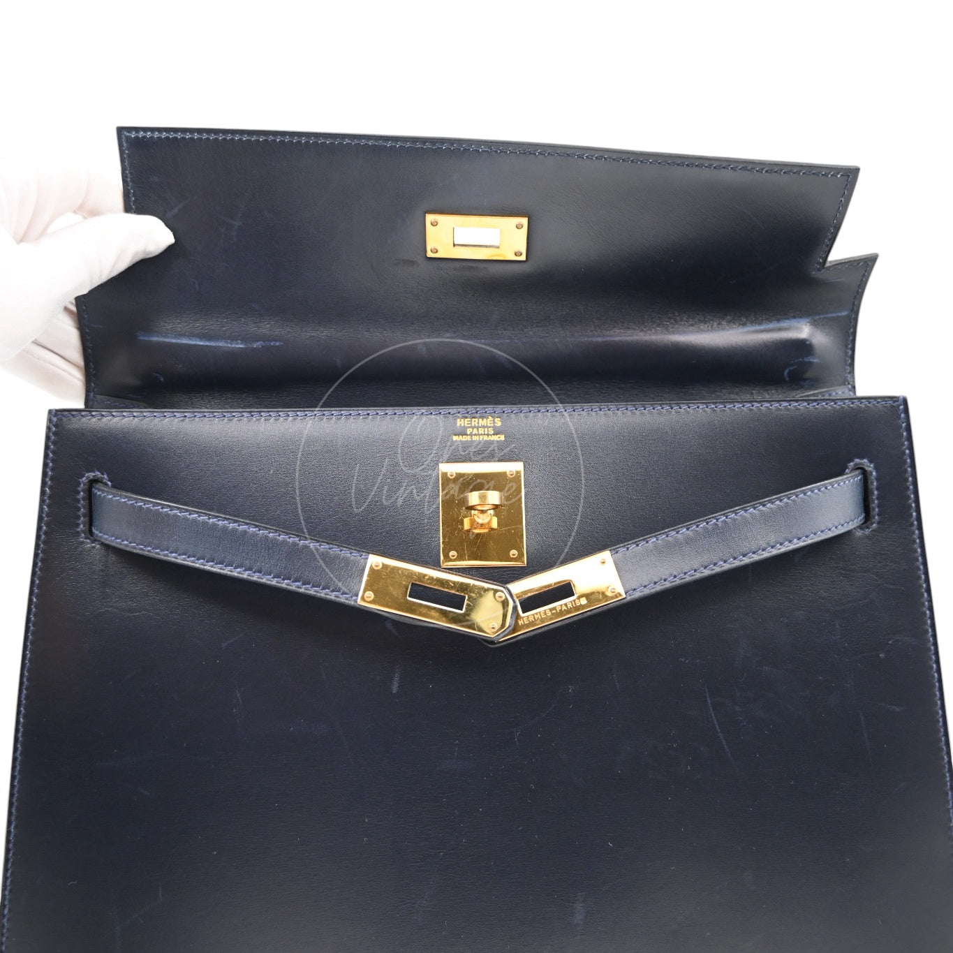 [Pre-owned] Hermes Kelly 32 K32 Stamp Circle W Navy GHW