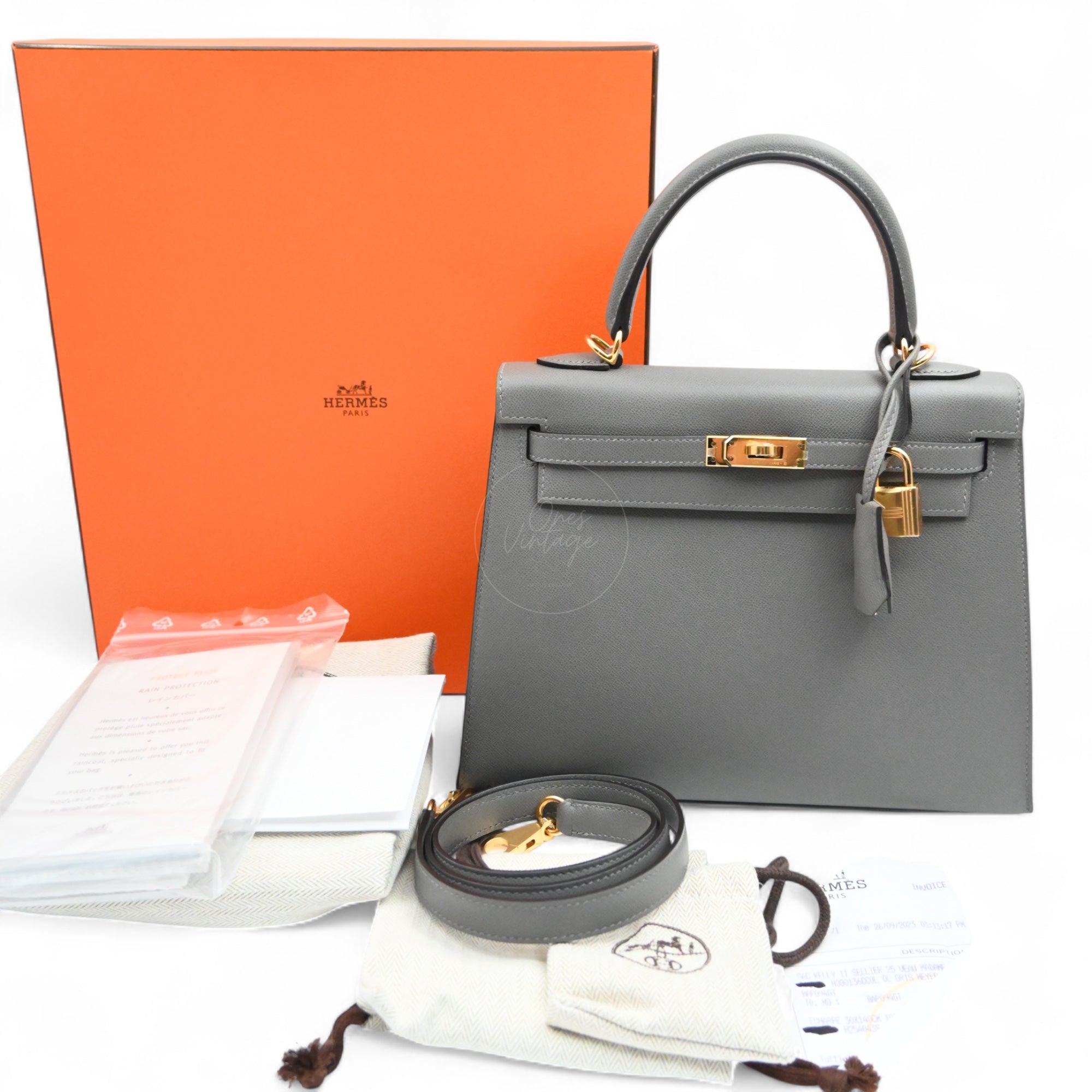 [Unused] Hermes Kelly K28 Gris Meyer Epsom GHW Stamp B Handbag