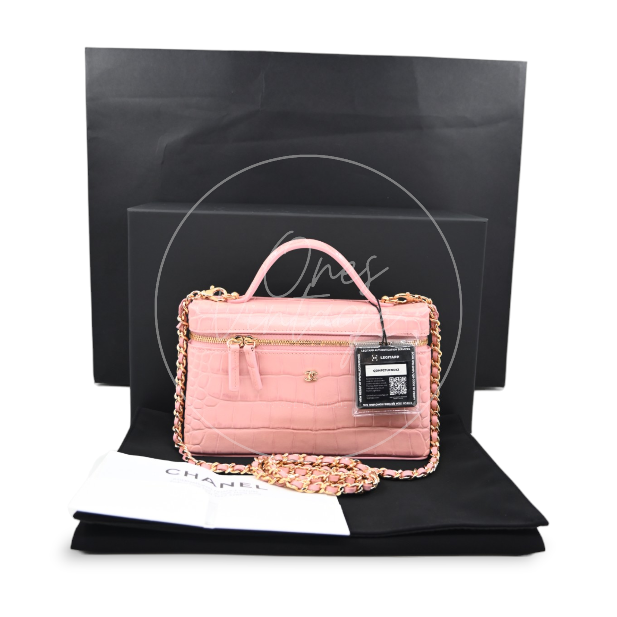 Chanel Calfskin Crocodile Embossed Slim Vanity Case With Chain Pink GHW Series K3