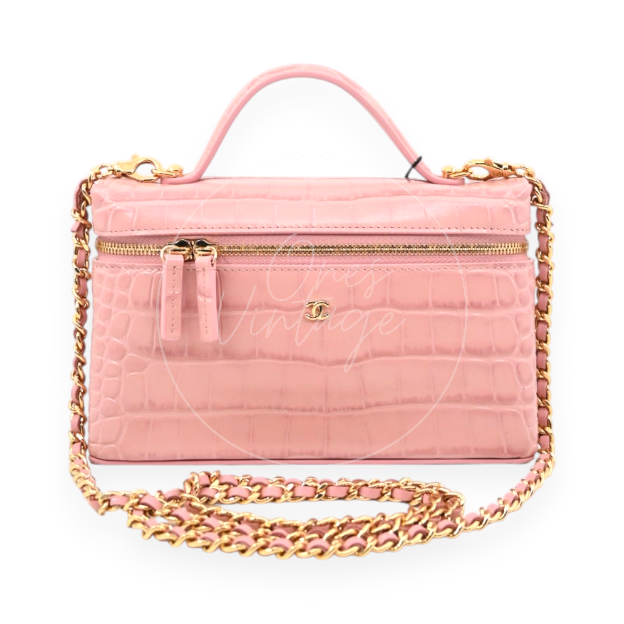 Chanel Calfskin Crocodile Embossed Slim Vanity Case With Chain Pink GHW Series K3