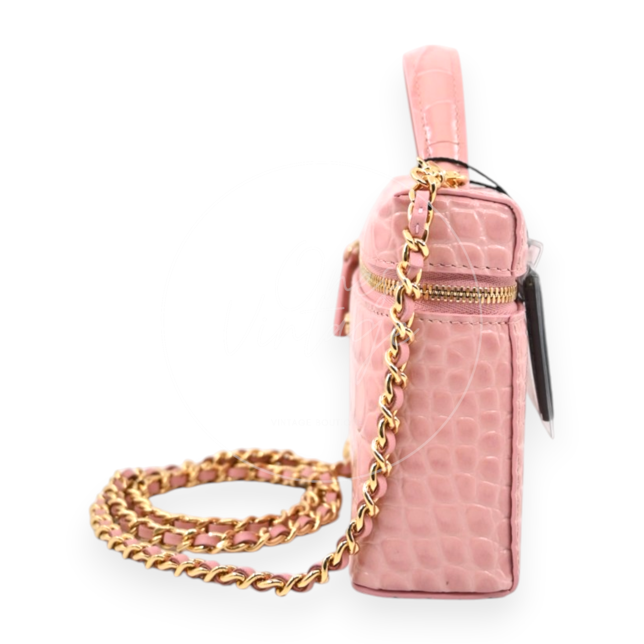 Chanel Calfskin Crocodile Embossed Slim Vanity Case With Chain Pink GHW Series K3