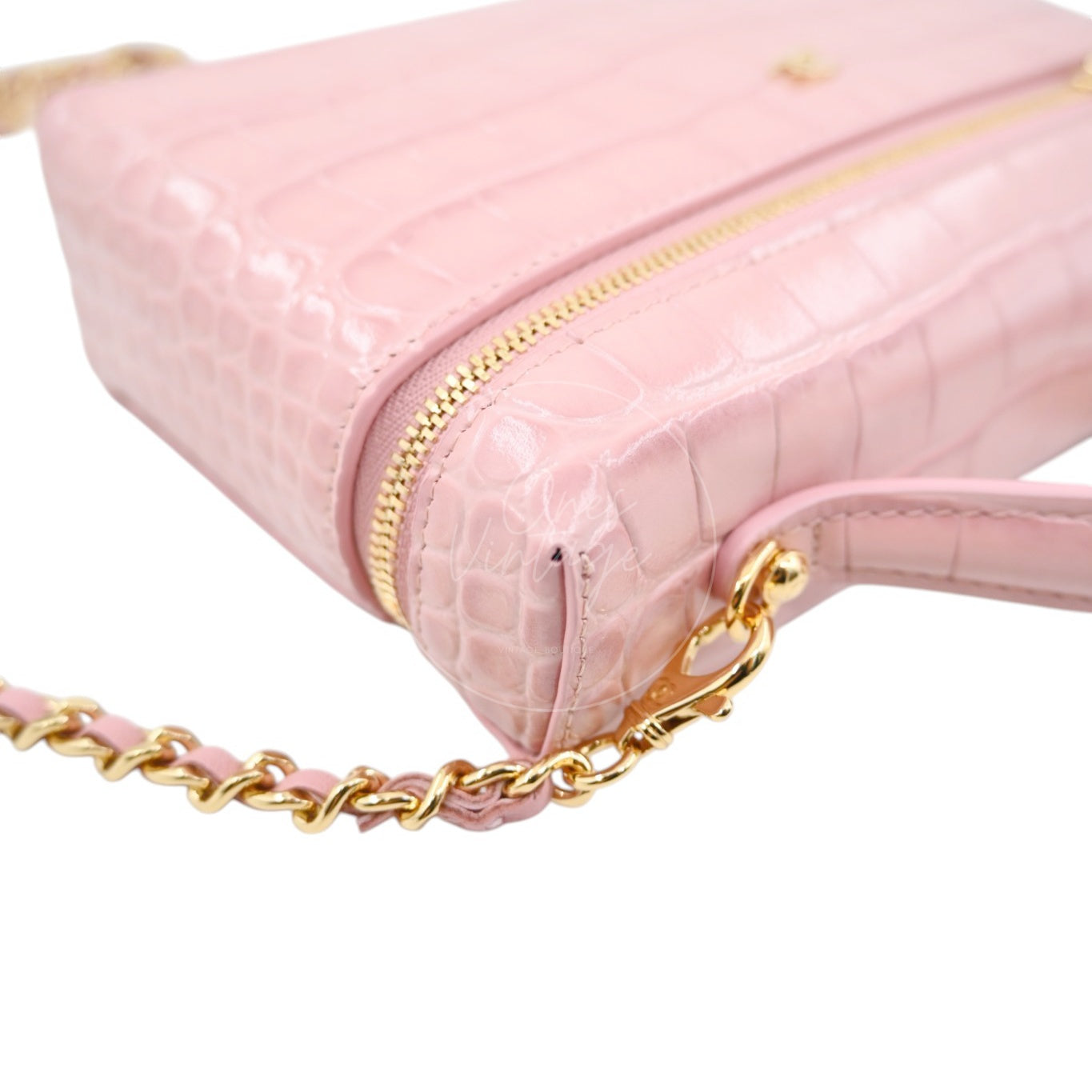 Chanel Calfskin Crocodile Embossed Slim Vanity Case With Chain Pink GHW Series K3