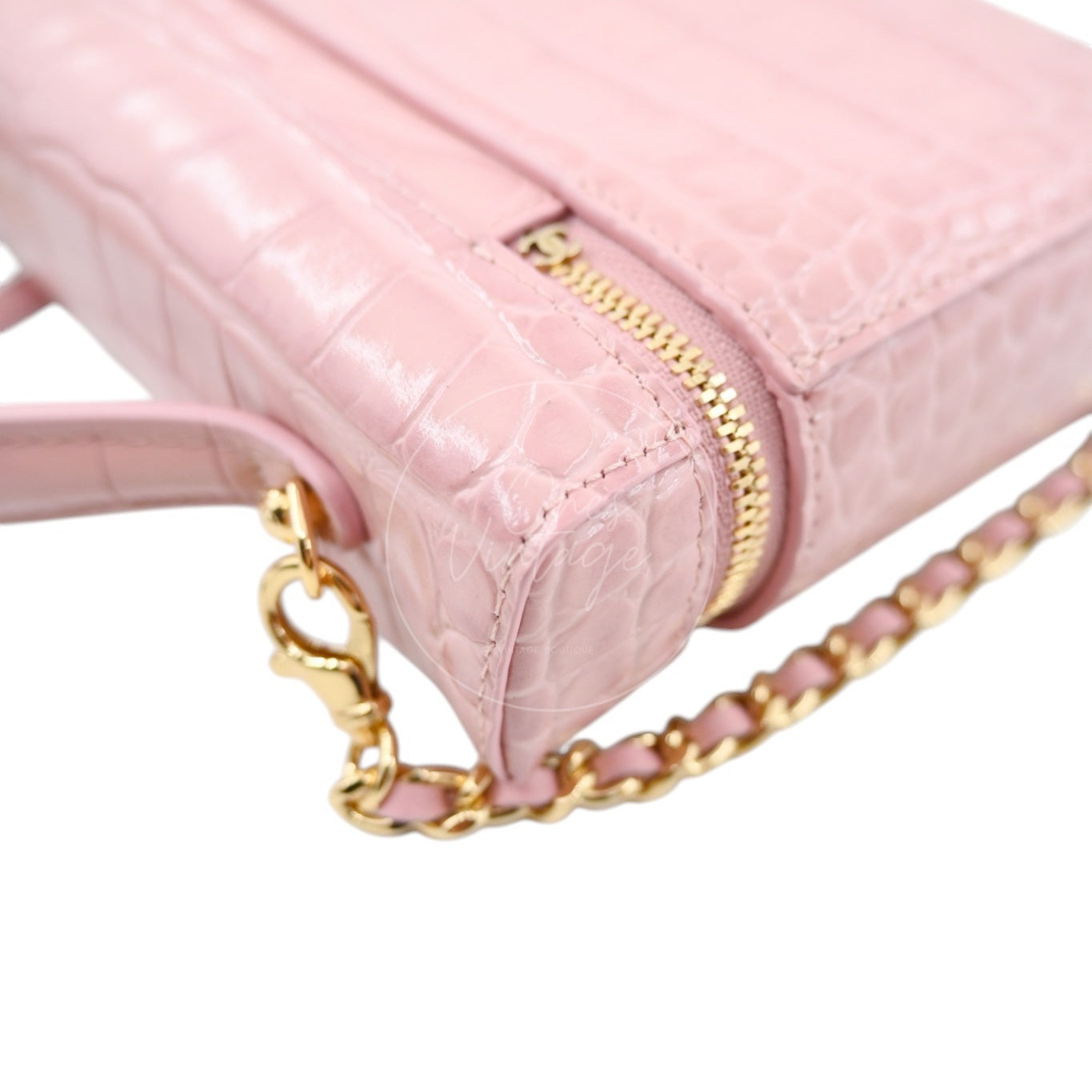Chanel Calfskin Crocodile Embossed Slim Vanity Case With Chain Pink GHW Series K3