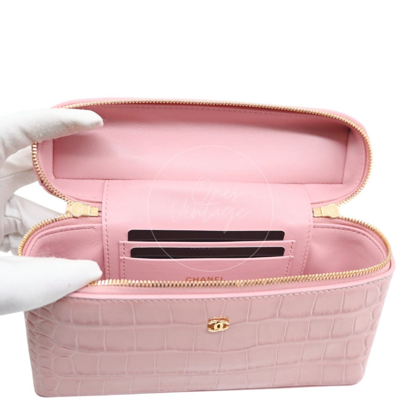 Chanel Calfskin Crocodile Embossed Slim Vanity Case With Chain Pink GHW Series K3