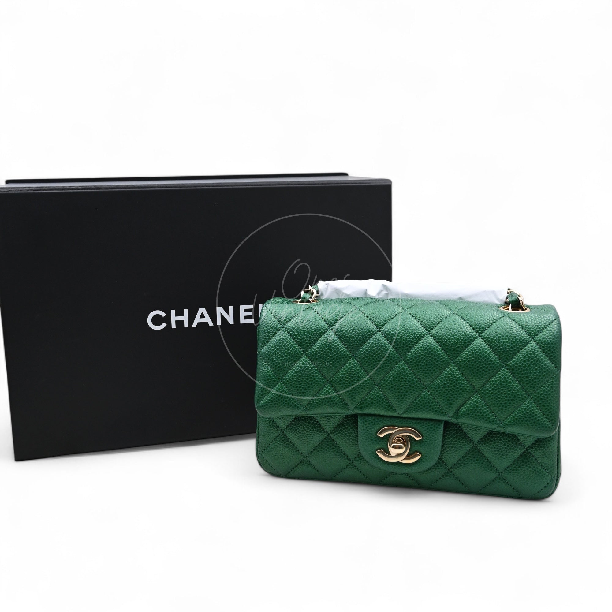 [Pre-owned] Chanel 18S Emerald Green Rectangular Mini Flap Bag Pearly Caviar