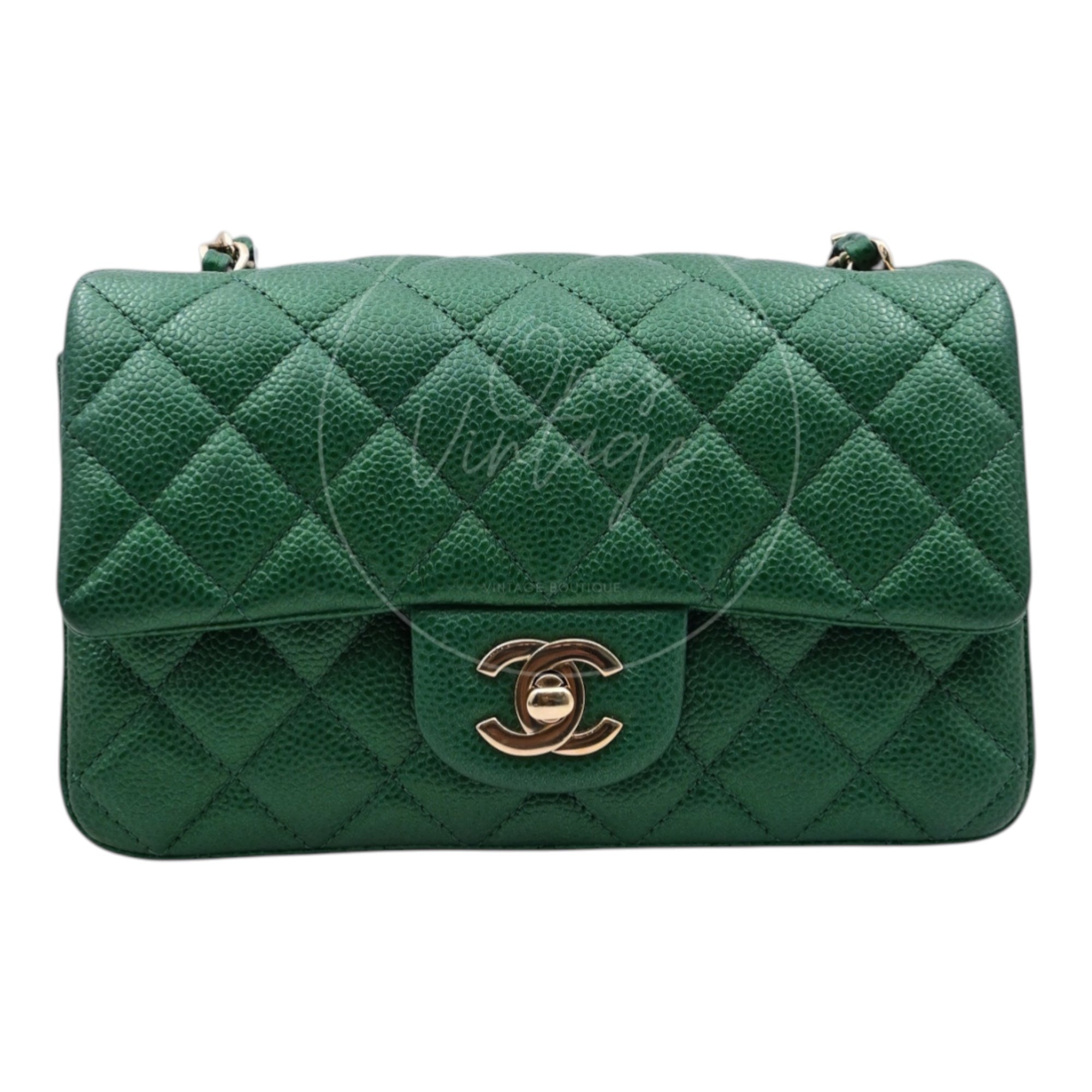 [Pre-owned] Chanel 18S Emerald Green Pearly Caviar Mini Rectangular  Flap Bag