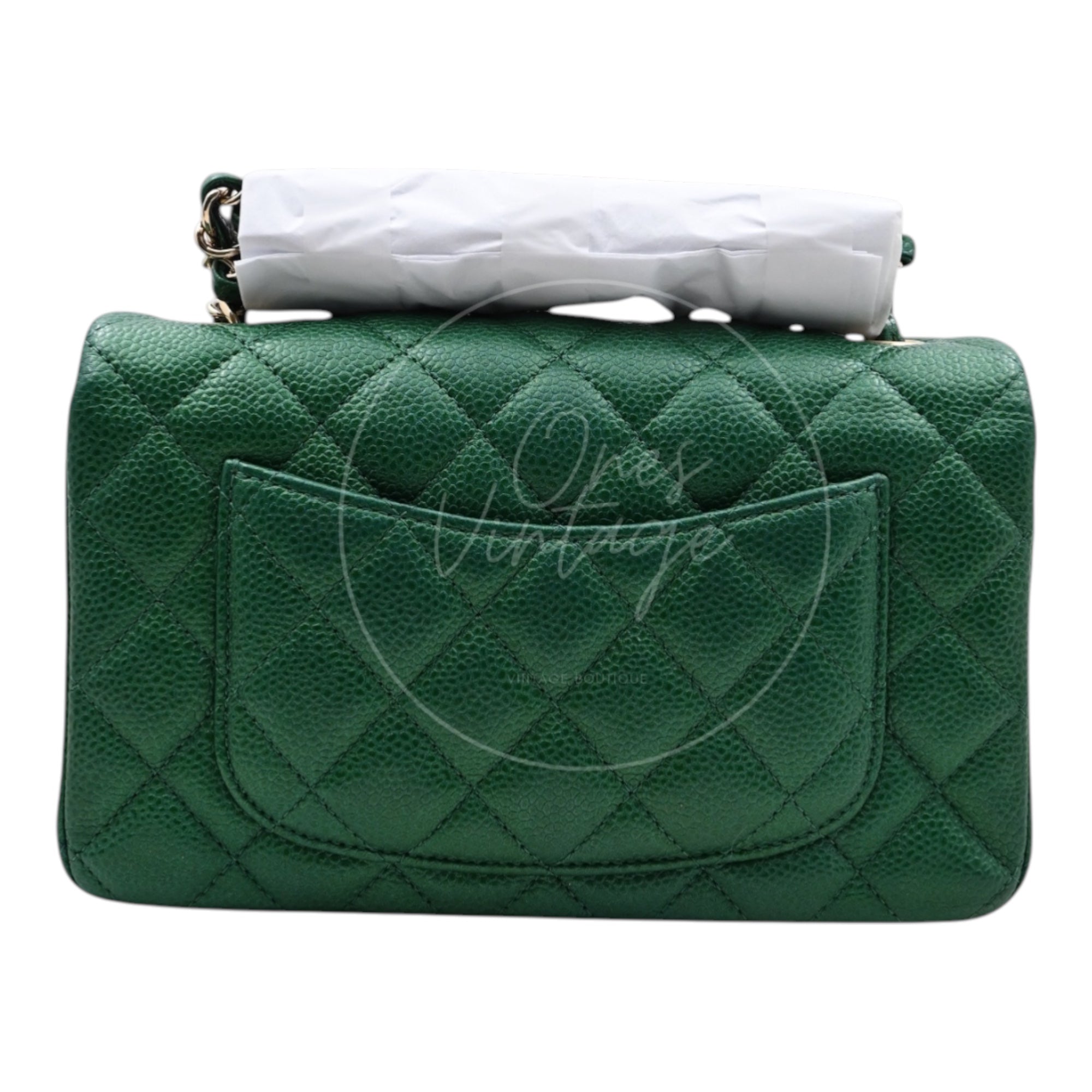 [Pre-owned] Chanel 18S Emerald Green Pearly Caviar Mini Rectangular  Flap Bag