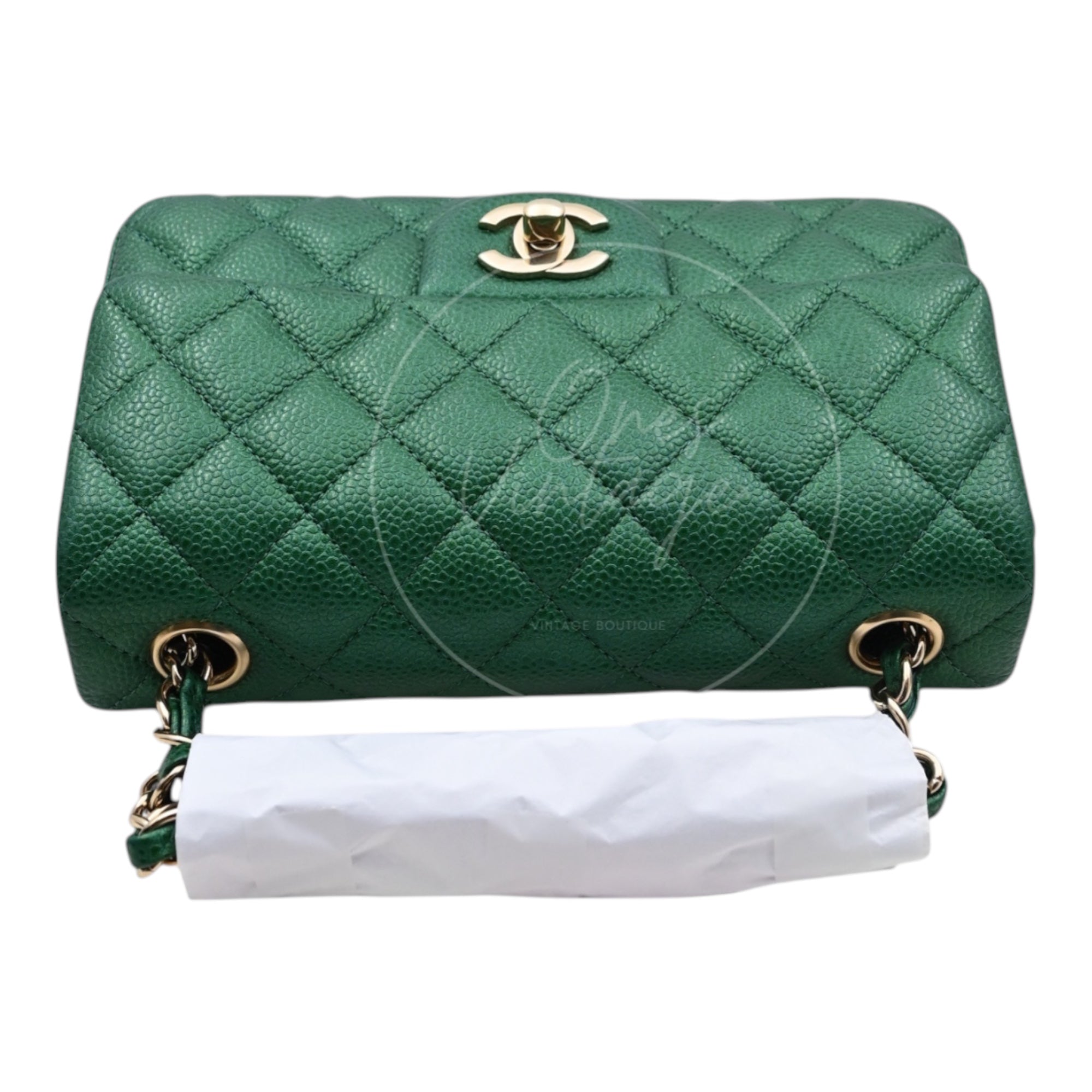 [Pre-owned] Chanel 18S Emerald Green Rectangular Mini Flap Bag Pearly Caviar