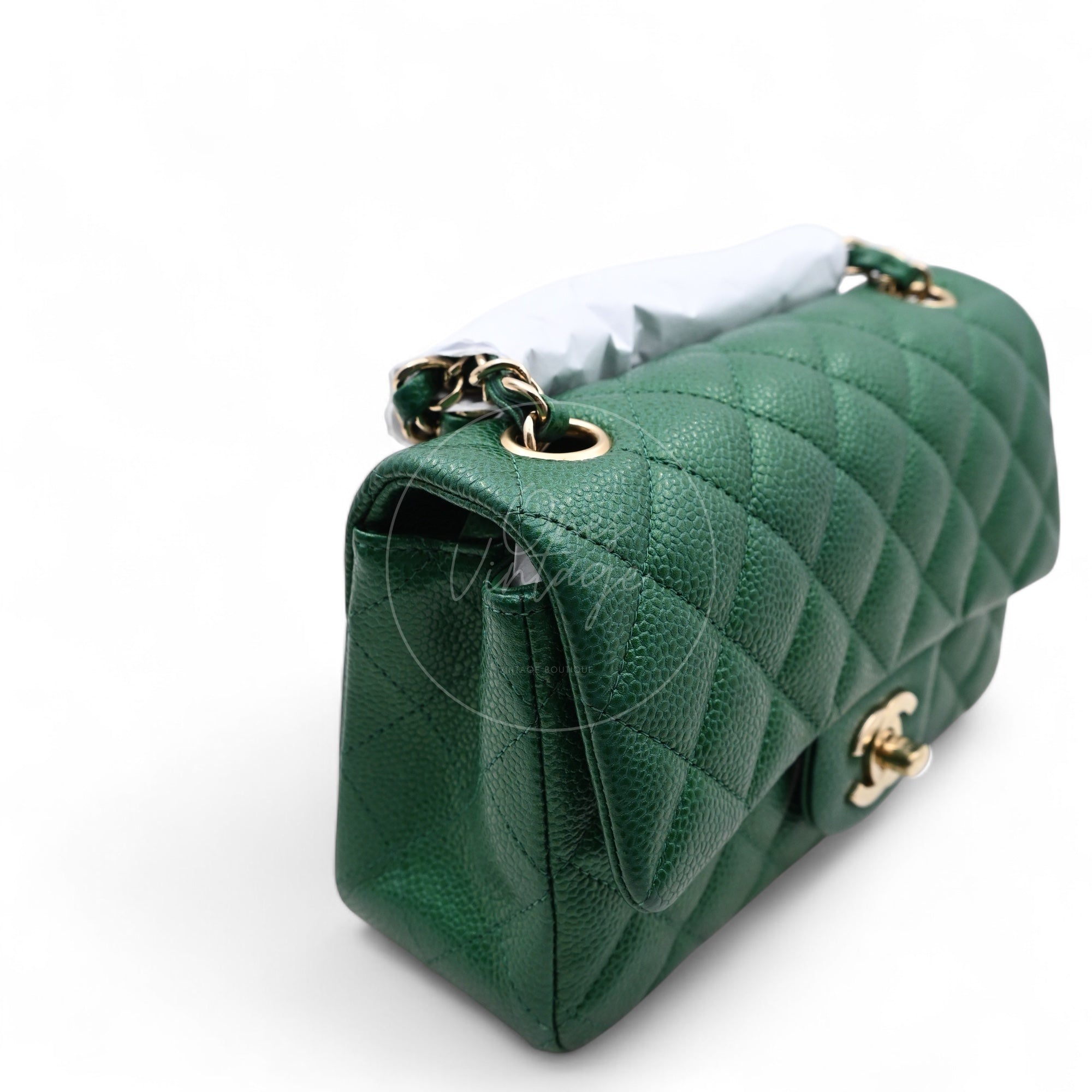 [Pre-owned] Chanel 18S Emerald Green Rectangular Mini Flap Bag Pearly Caviar