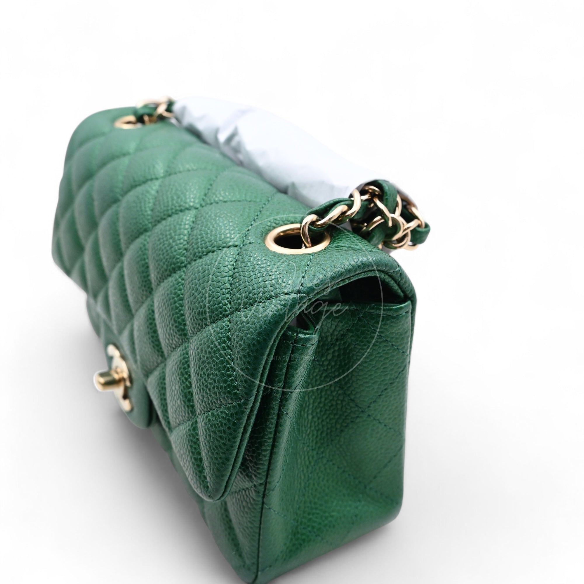 [Pre-owned] Chanel 18S Emerald Green Rectangular Mini Flap Bag Pearly Caviar