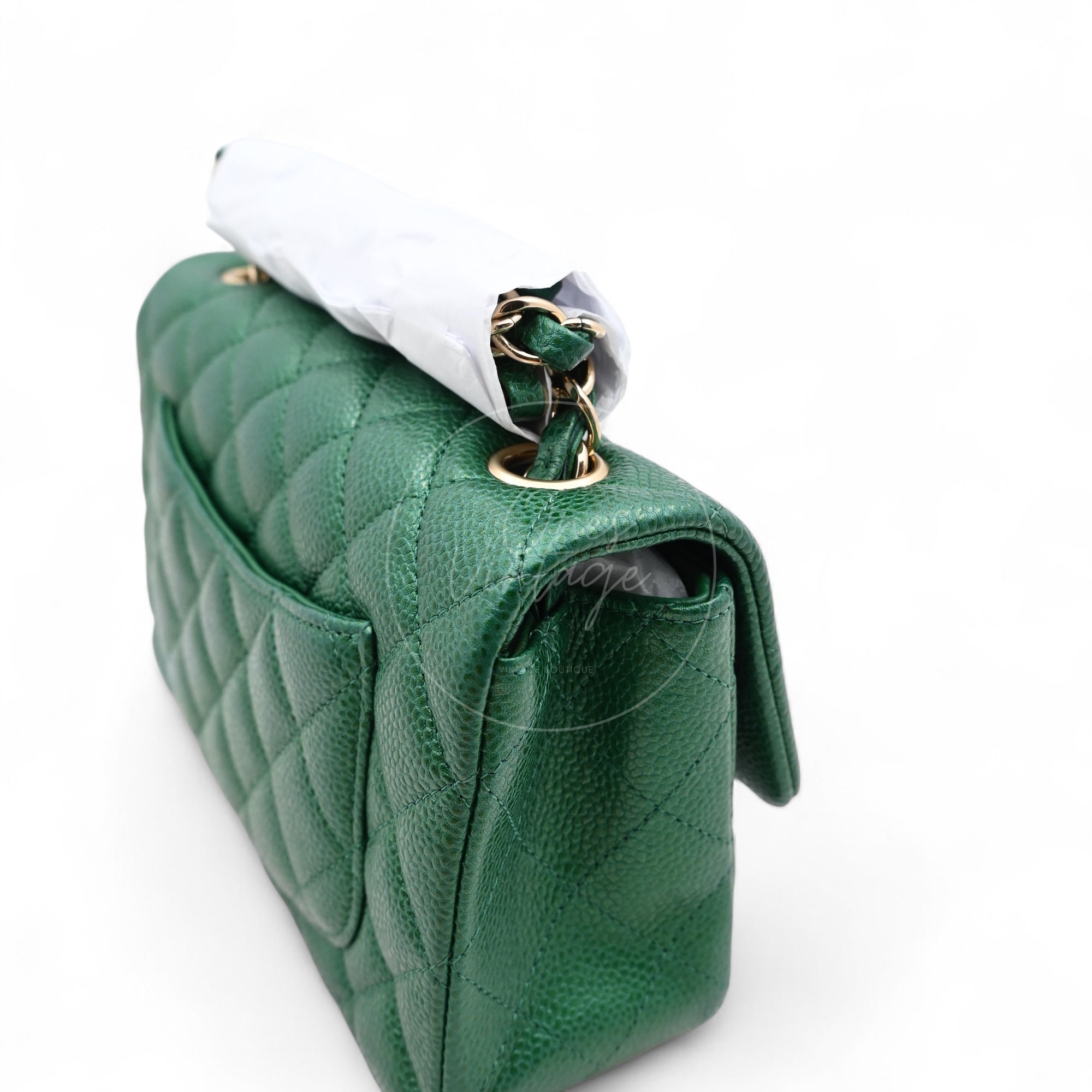 [Pre-owned] Chanel 18S Emerald Green Rectangular Mini Flap Bag Pearly Caviar