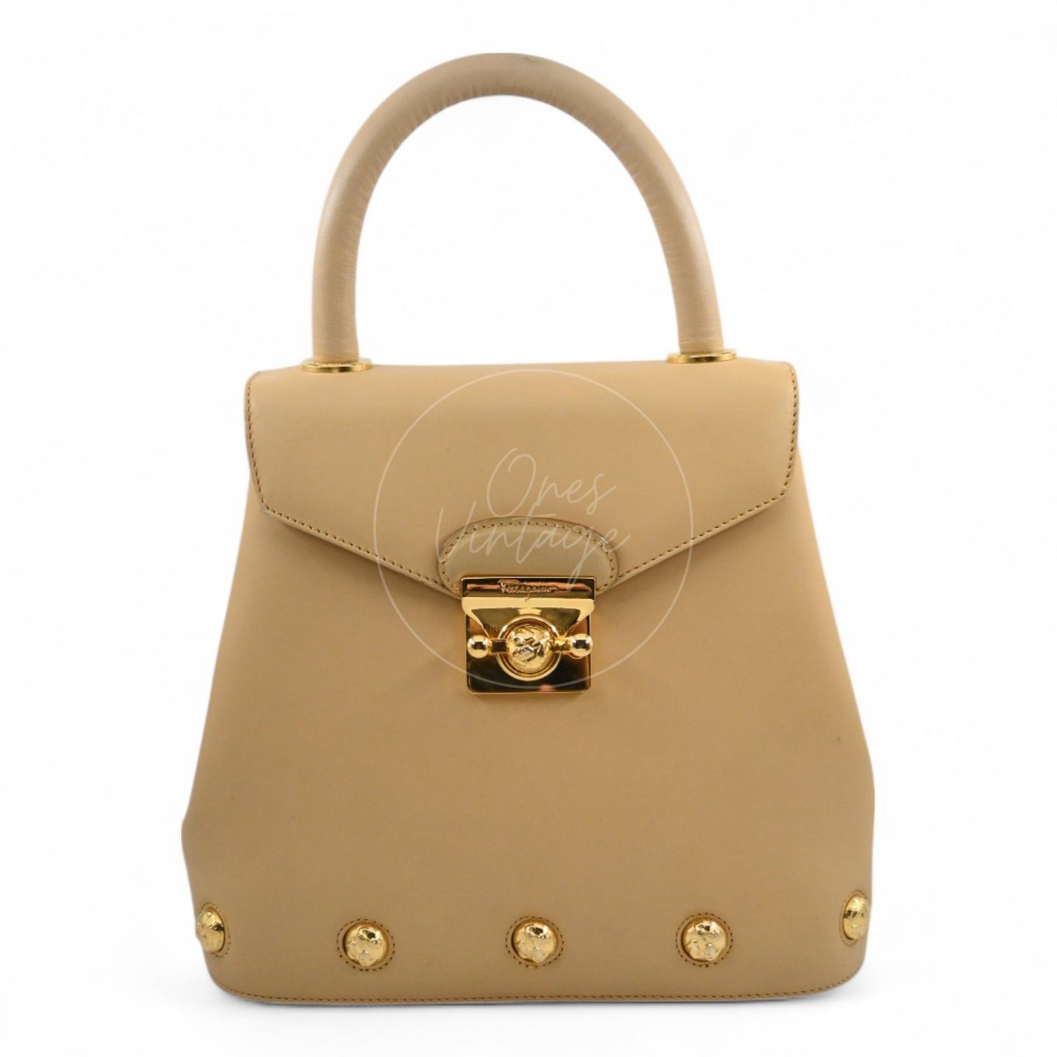 [Pre-owned] Salvatore Ferragamo Vintage Studded Top Handle Bag Beige