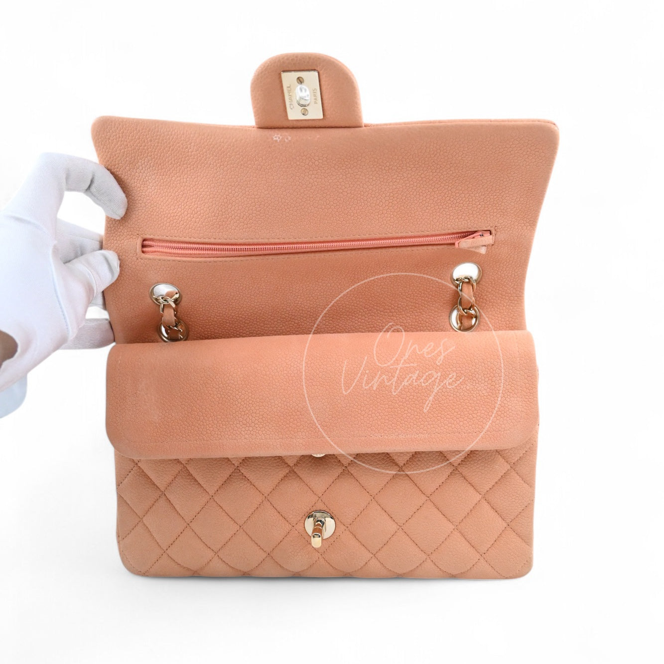 [Pre-owned] Chanel CF25 Medium Classic Flap Bag Beige Caviar