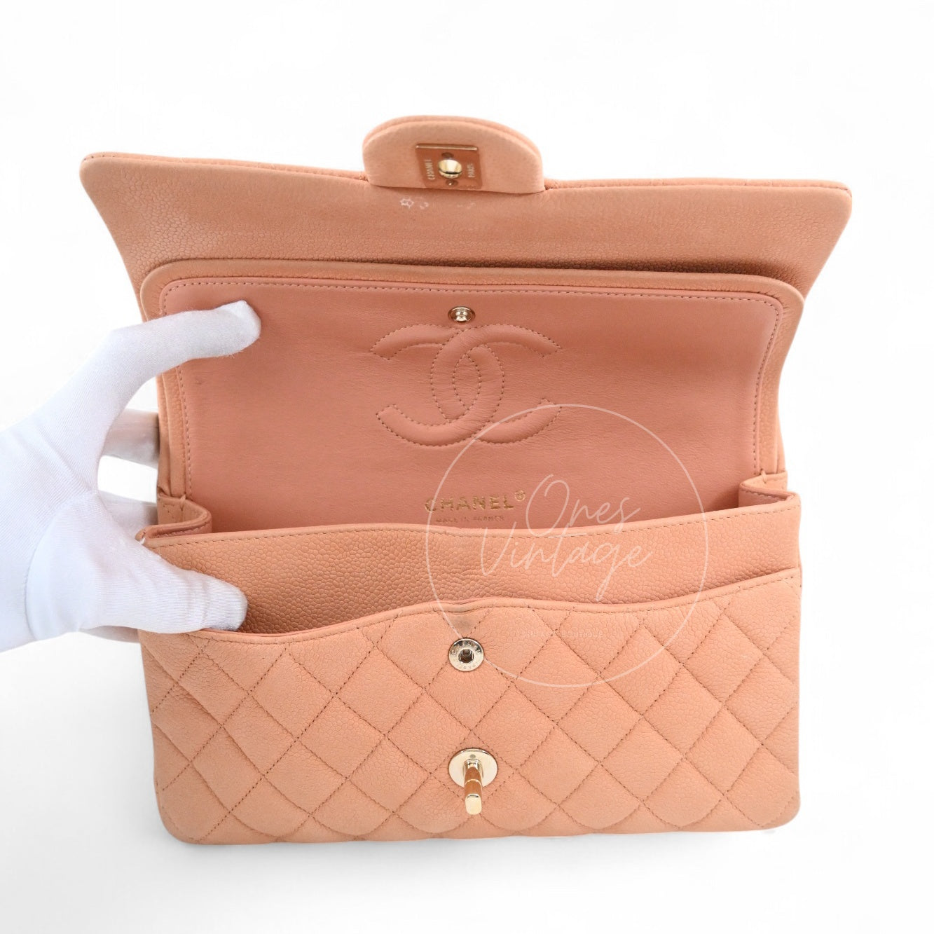 [Pre-owned] Chanel CF25 Medium Classic Flap Bag Beige Caviar